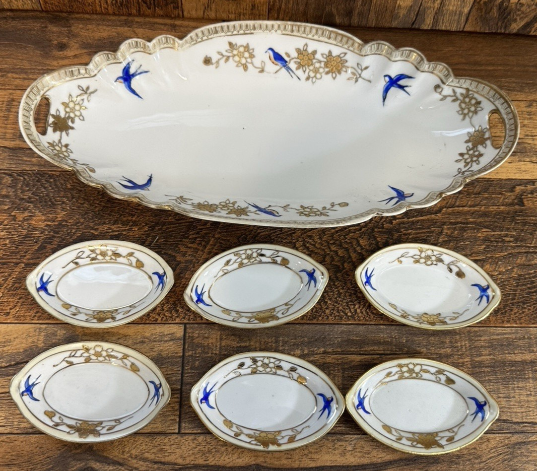 ANTIQUE NIPPON HAND PAINTED PORCELAN CELERY/RELISH DISH & SALT CELLARS LOT ANTIQUE NIPPON HAND PAINTED PORCELAN CELERY/RELISH DISH & SALT CELLARS LOT