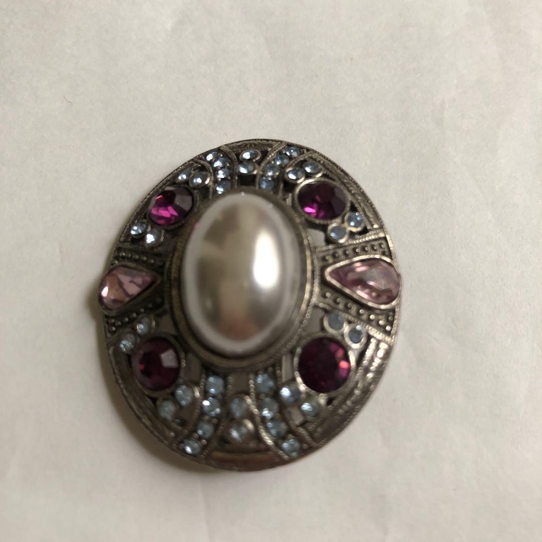Vintage Oval Brooch Fake Pearl Purple & Pink Stones Silver Tone