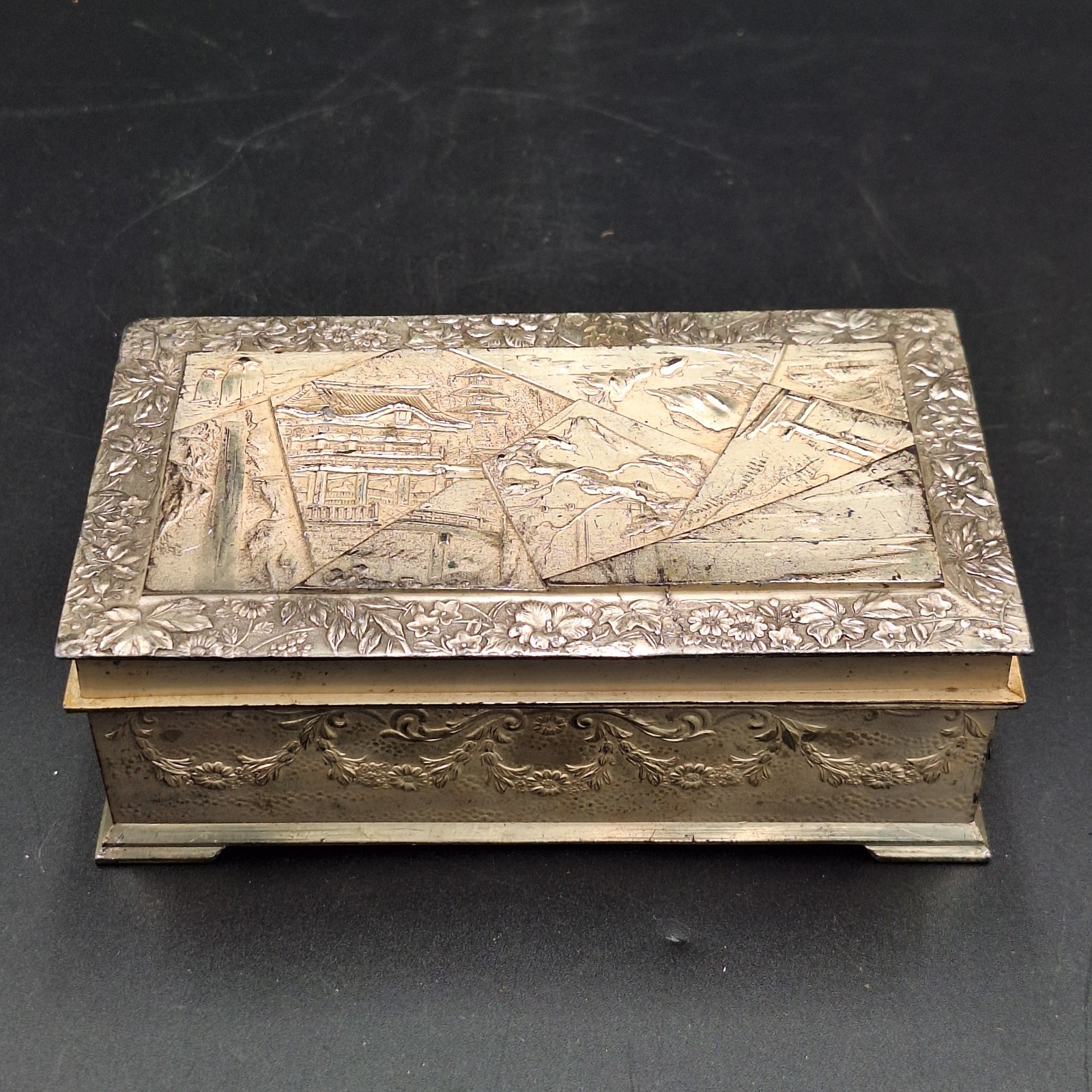 Vintage Japanese Silver Plate Repousse Trinket Jewelry Box Footed Scene Vintage Japanese Silver Plate Repousse Trinket Jewelry Box Footed Scene