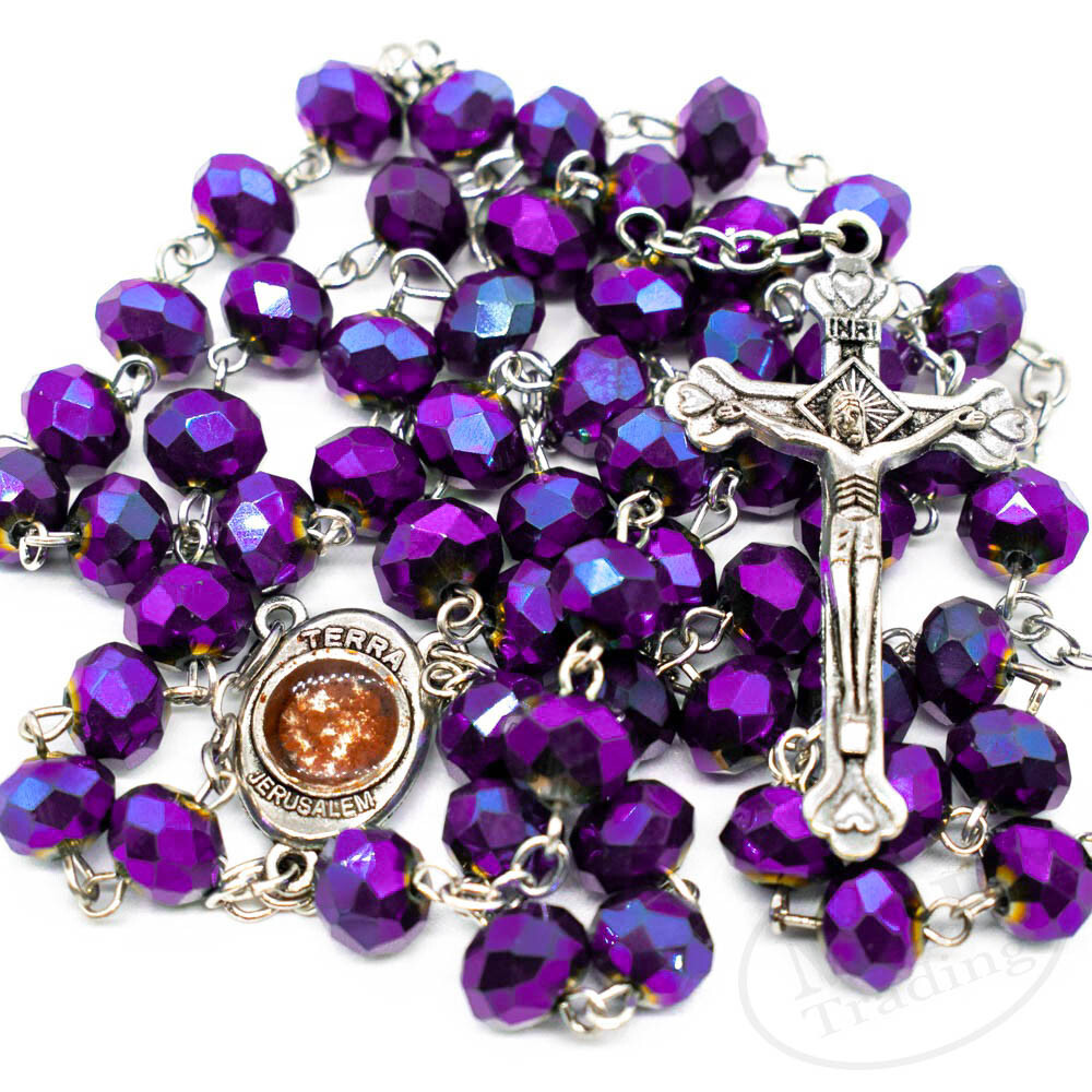 Deep Purple Crystal Beads Rosary Necklace Catholic Holy Center & Cross Crucifix Deep Purple Crystal Beads Rosary Necklace Catholic Holy Center & Cross Crucifix