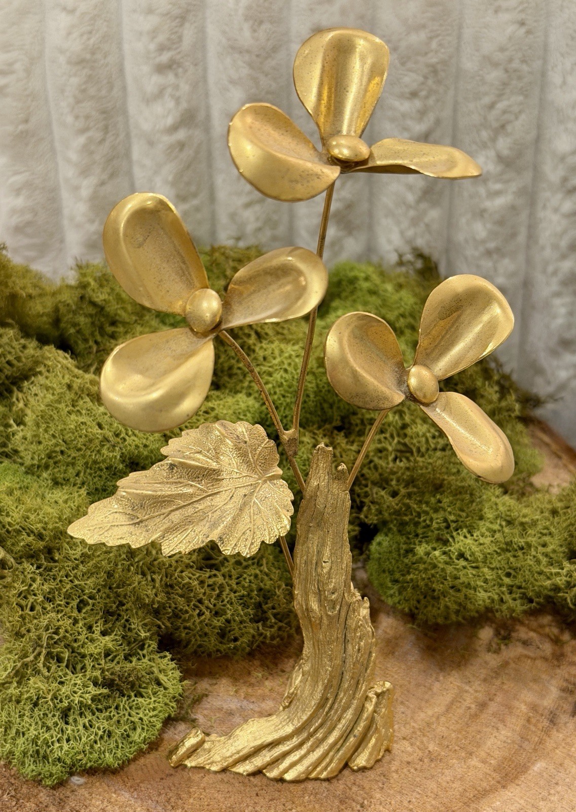 Vintage Gold-Tone Floral Sculpture With Wood Texture Botanic 6” Tabletop Decor