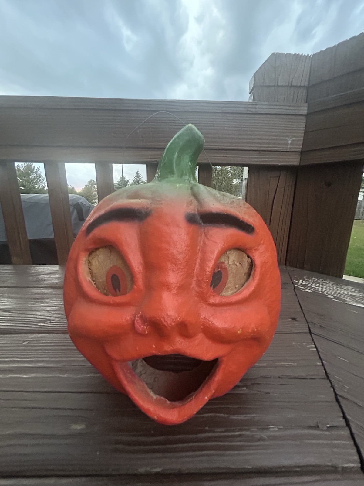 Vtg 1940s Paper Mache Pumpkin Choir Boy 11" Lantern Double Sided Orig Eyes Mouth Vtg 1940s Paper Mache Pumpkin Choir Boy 11" Lantern Double Sided Orig Eyes Mouth
