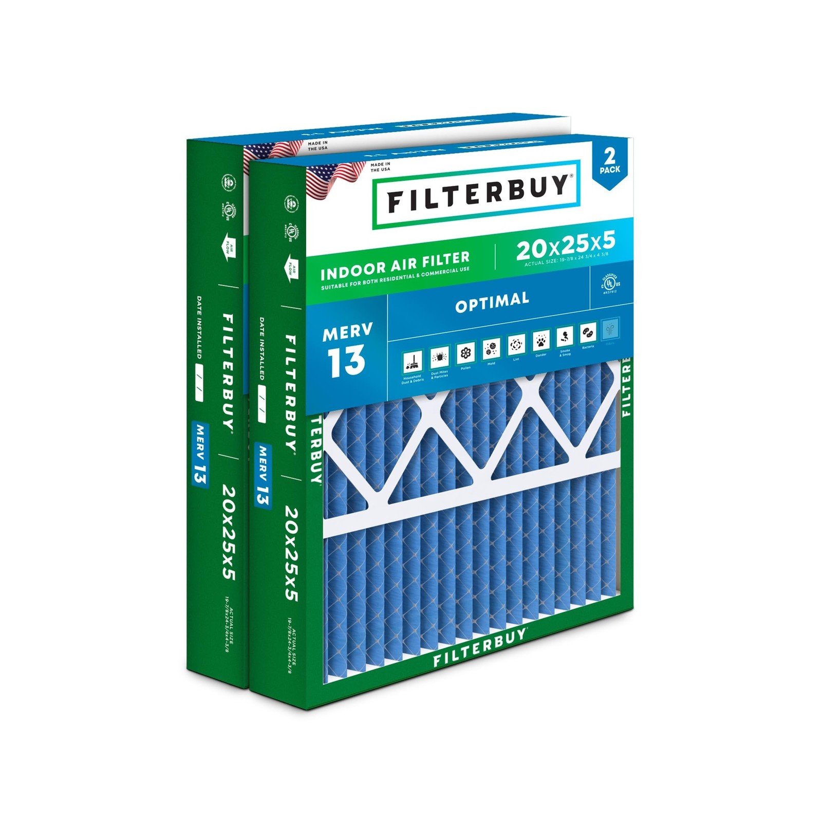 Filterbuy 20x25x5 Air Filter MERV 13 Smoke & Allergy Defense (2-Pack) Filterbuy 20x25x5 Air Filter MERV 13 Smoke & Allergy Defense (2-Pack)