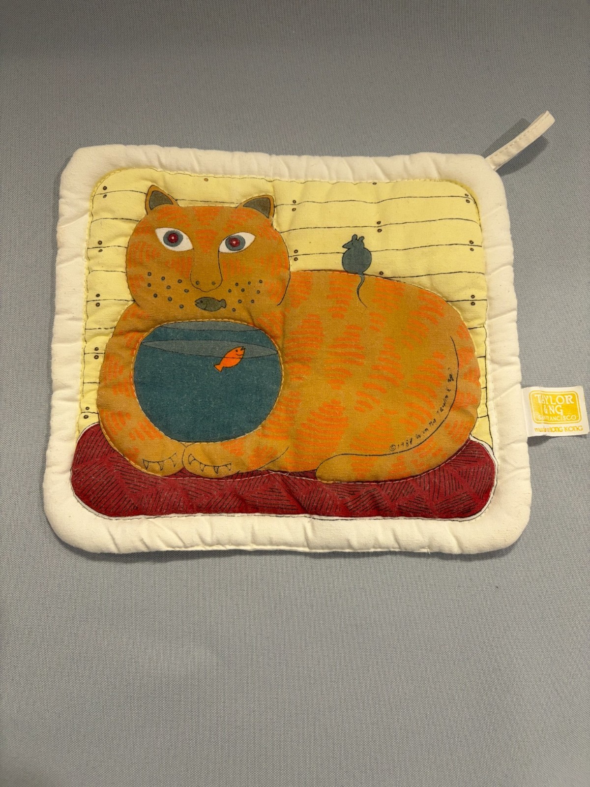 Vintage 1987 Taylor & Ng Orange Tabby Cat Fishbowl Mouse Quilted Potholder Vintage 1987 Taylor & Ng Orange Tabby Cat Fishbowl Mouse Quilted Potholder