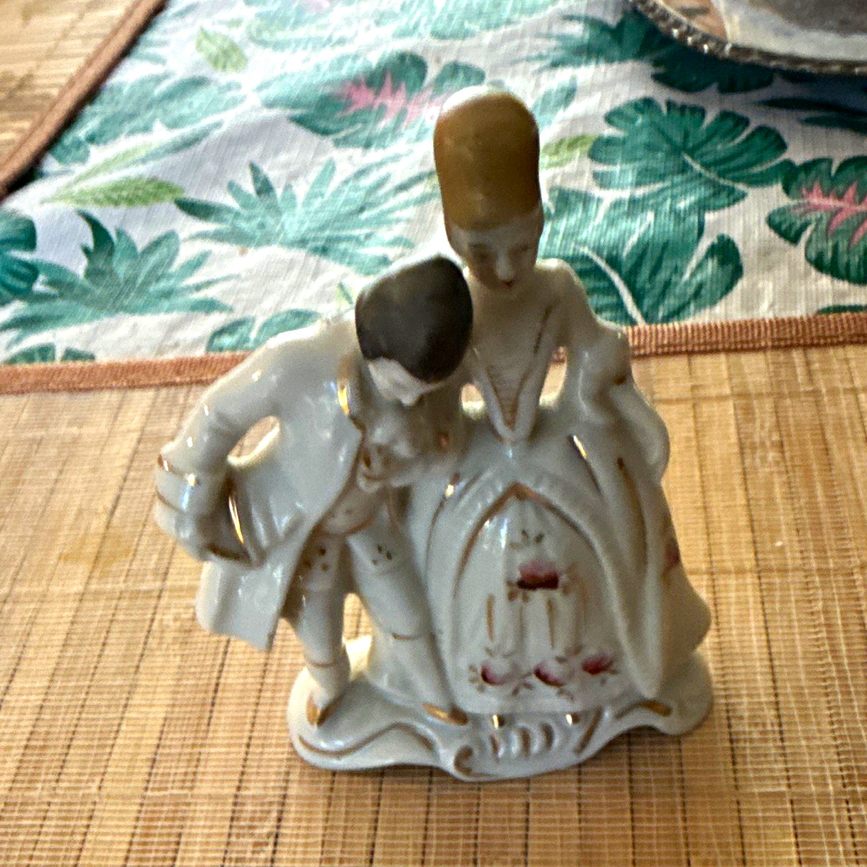 Vintage Occupied Japan Glazed Porcelain Couple Figurine White with Gold Accents