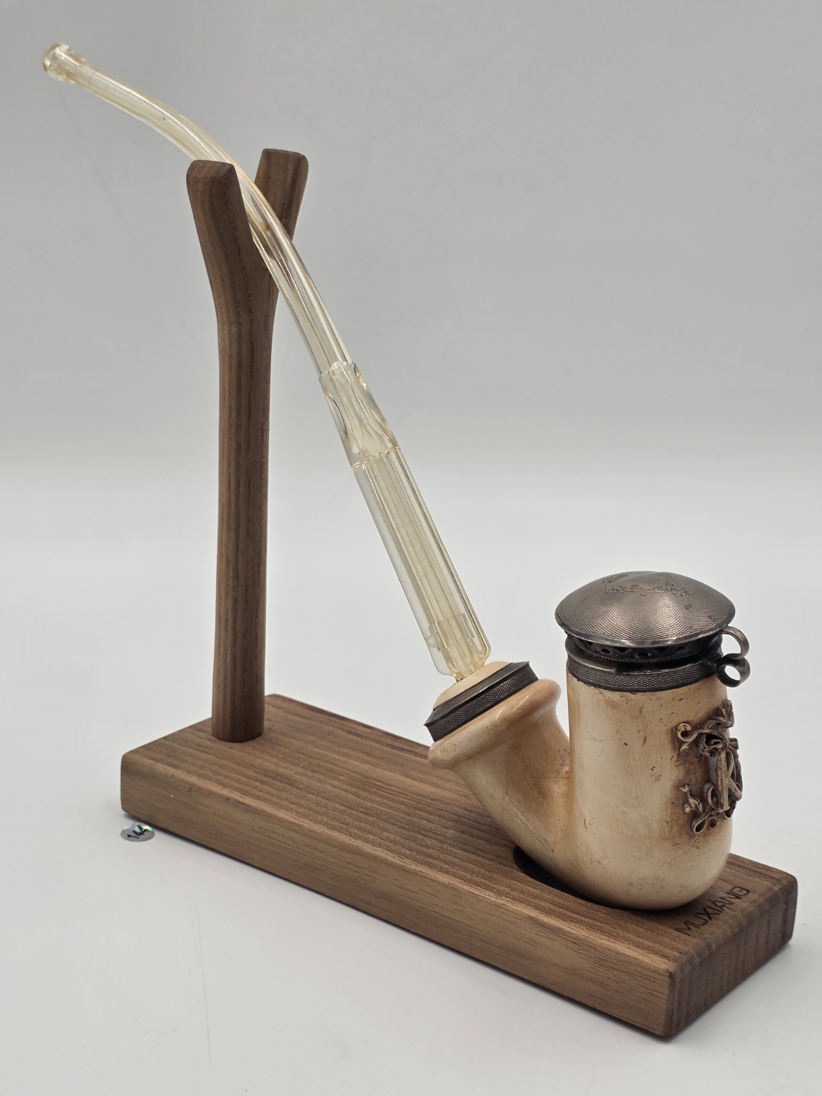 Antique Meerschaum Tobacco Pipe Long Amber Stem Silver Tone Wind Cap Monogram Antique Meerschaum Tobacco Pipe Long Amber Stem Silver Tone Wind Cap Monogram