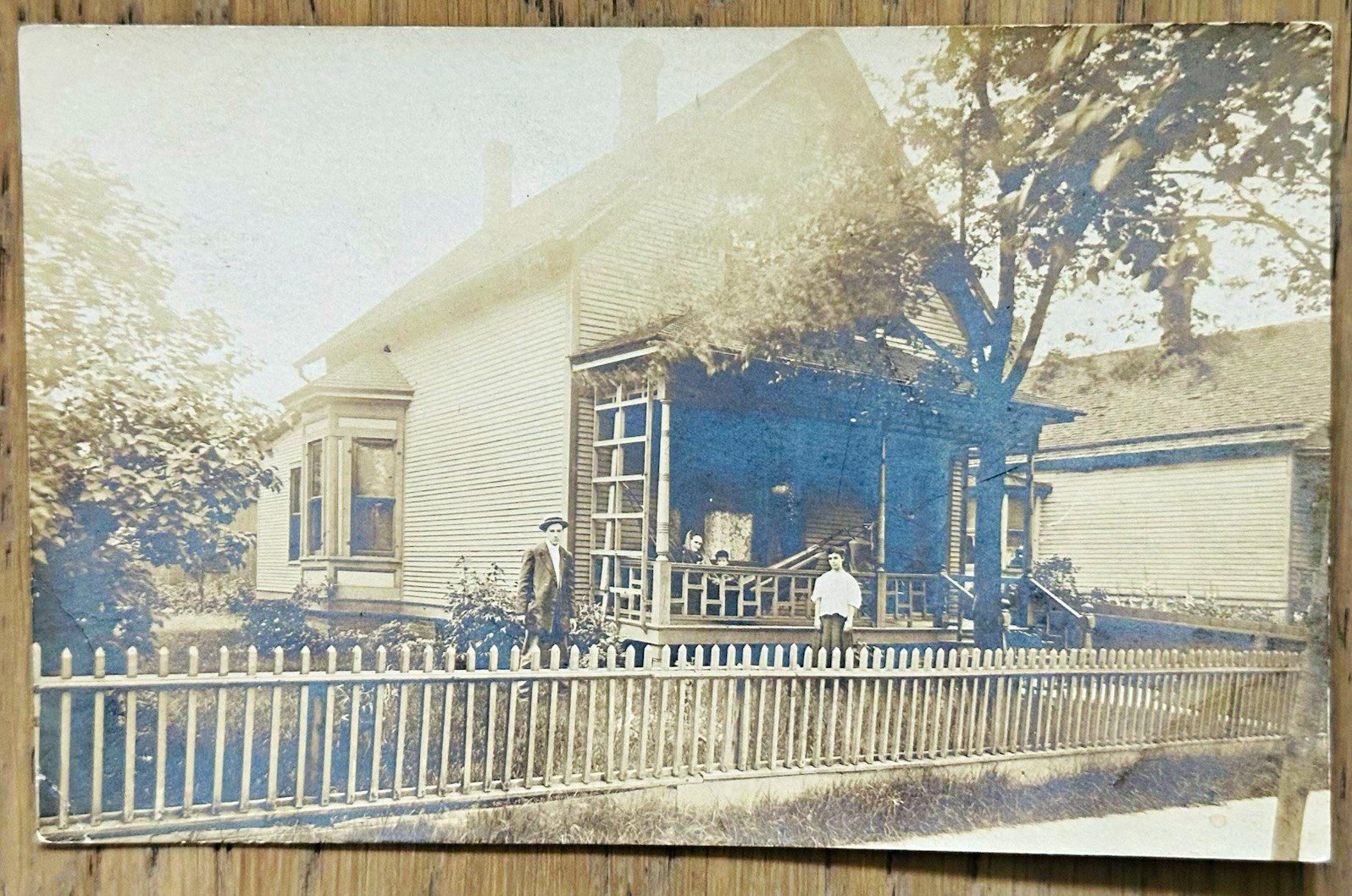 VTG 1910s AZO RPPC House with Family on Porch Picket Fence Real Photo Postcard VTG 1910s AZO RPPC House with Family on Porch Picket Fence Real Photo Postcard