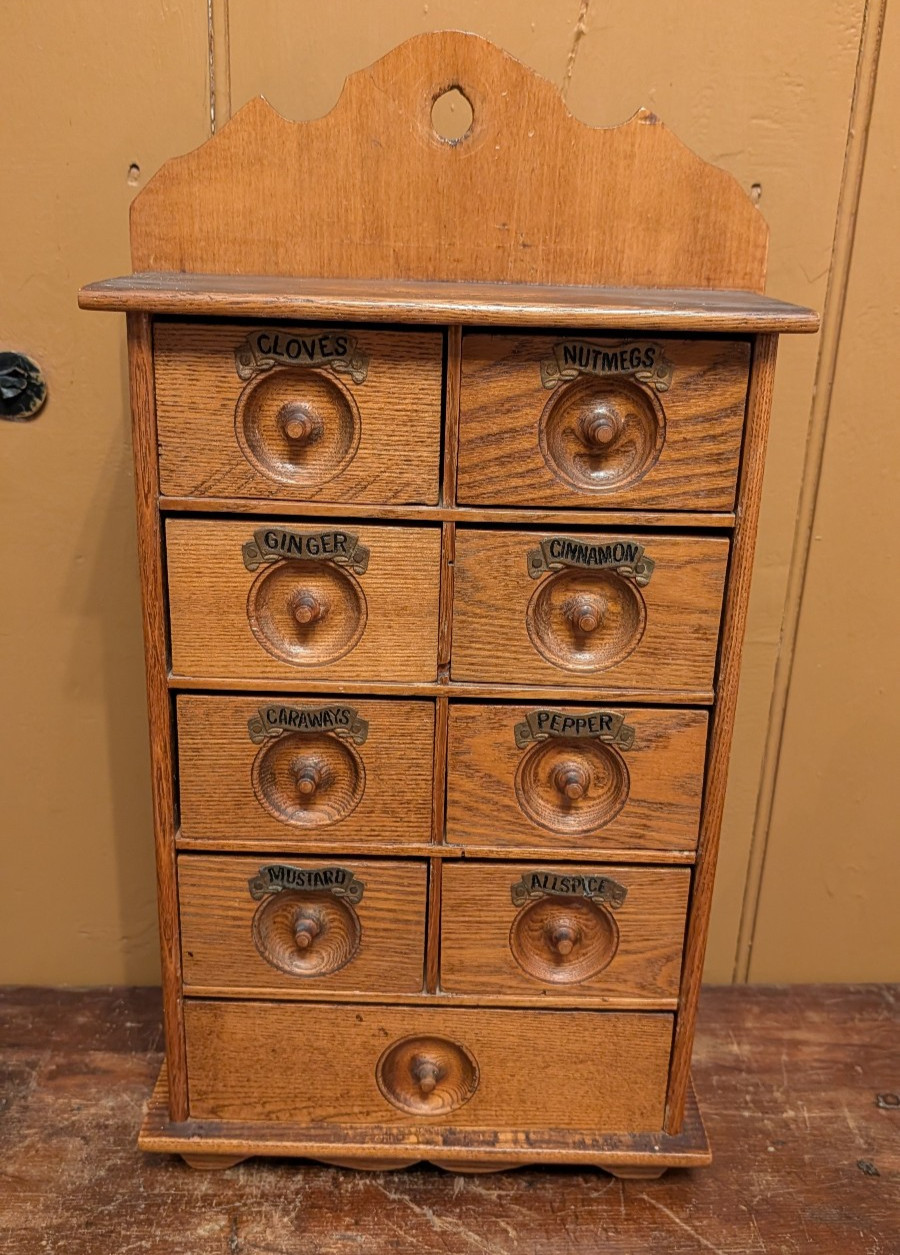 Antique Oak 9 Drawer Spice Cabinet Apothecary Chest Vintage Primitive Wall Rack Antique Oak 9 Drawer Spice Cabinet Apothecary Chest Vintage Primitive Wall Rack