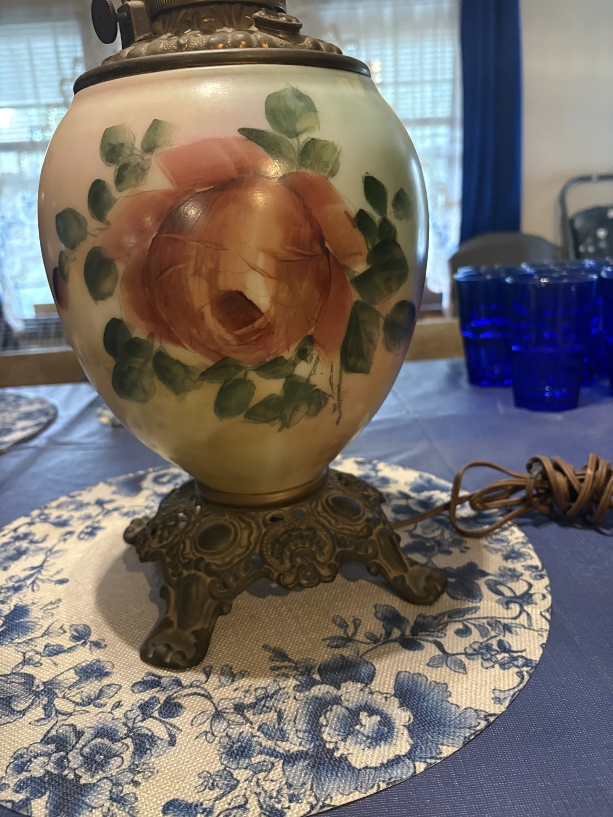 Antique Hand Painted With The Wind Oil Lamp Base Converted to Electric no shade Antique Hand Painted With The Wind Oil Lamp Base Converted to Electric no shade