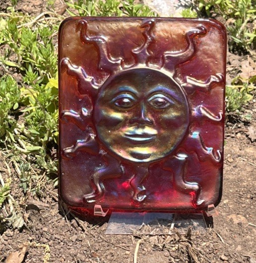 John Cook 2003 Signed Iridescent Carnival Art Glass Sun Face Tile/Plaque 5x5½in John Cook 2003 Signed Iridescent Carnival Art Glass Sun Face Tile/Plaque 5x5½in