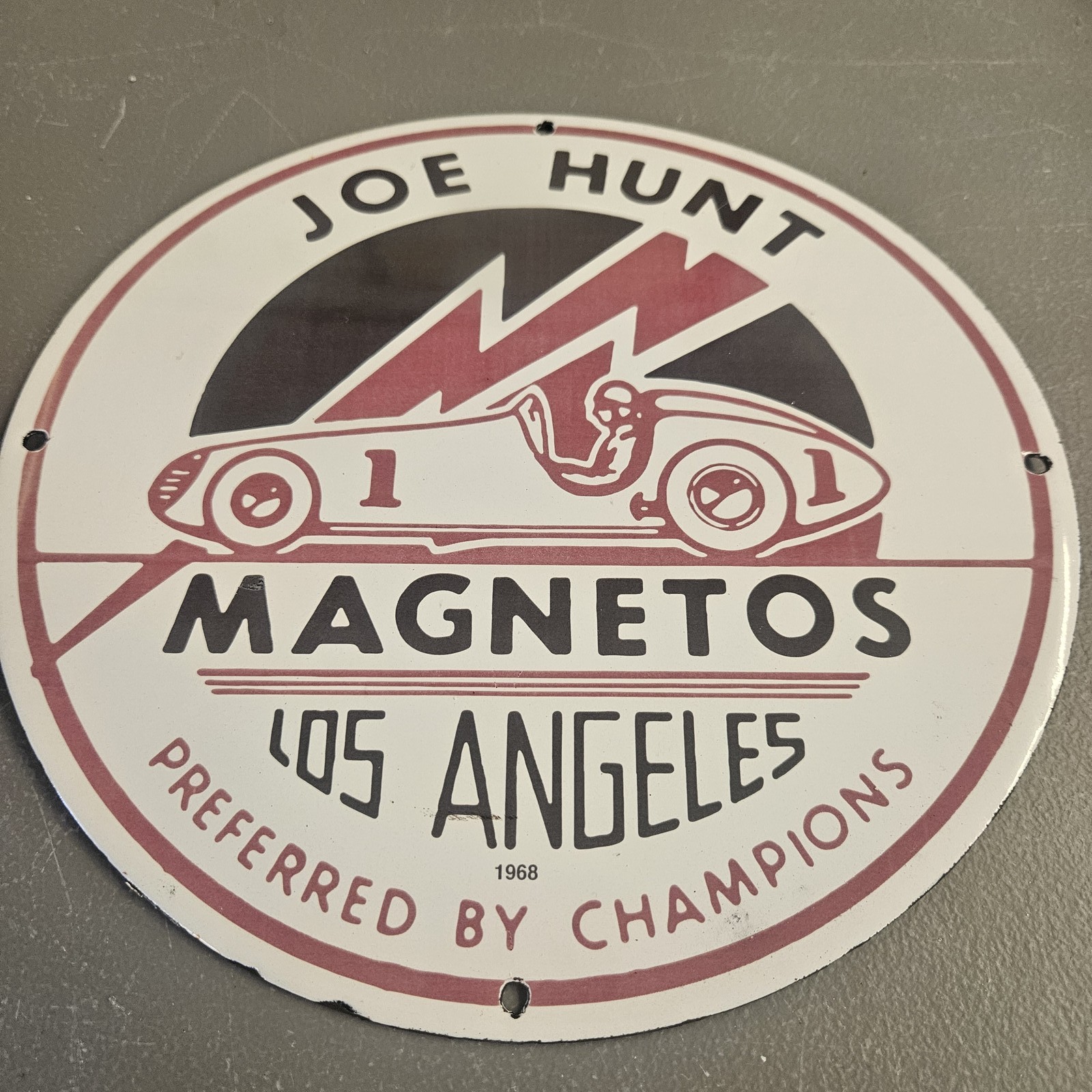 VINTAGE 1968 JOE HUNT MAGNETOS 12" PORCELAIN SIGN LOS ANGELES RACING CHAMPIONS VINTAGE 1968 JOE HUNT MAGNETOS 12" PORCELAIN SIGN LOS ANGELES RACING CHAMPIONS