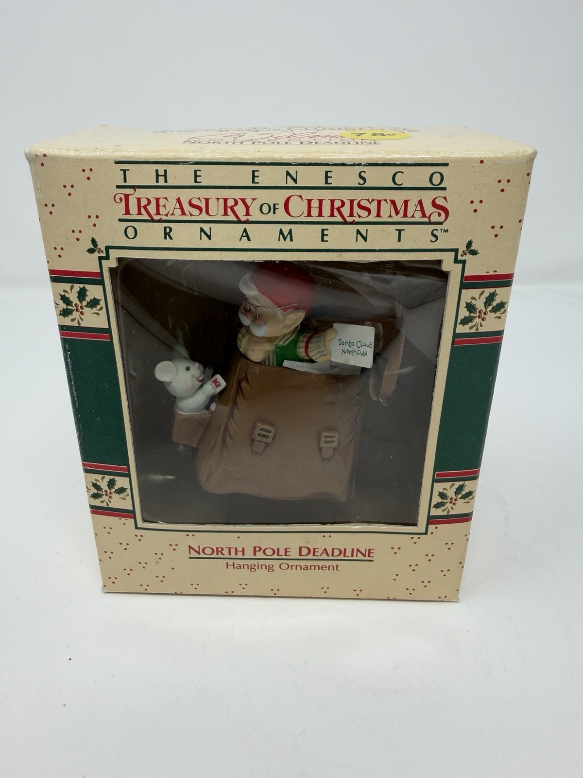 1988 Enesco Santa and Mouse Christmas Hanging Ornament NORTH POLE DEADLINE 1988 Enesco Santa and Mouse Christmas Hanging Ornament NORTH POLE DEADLINE