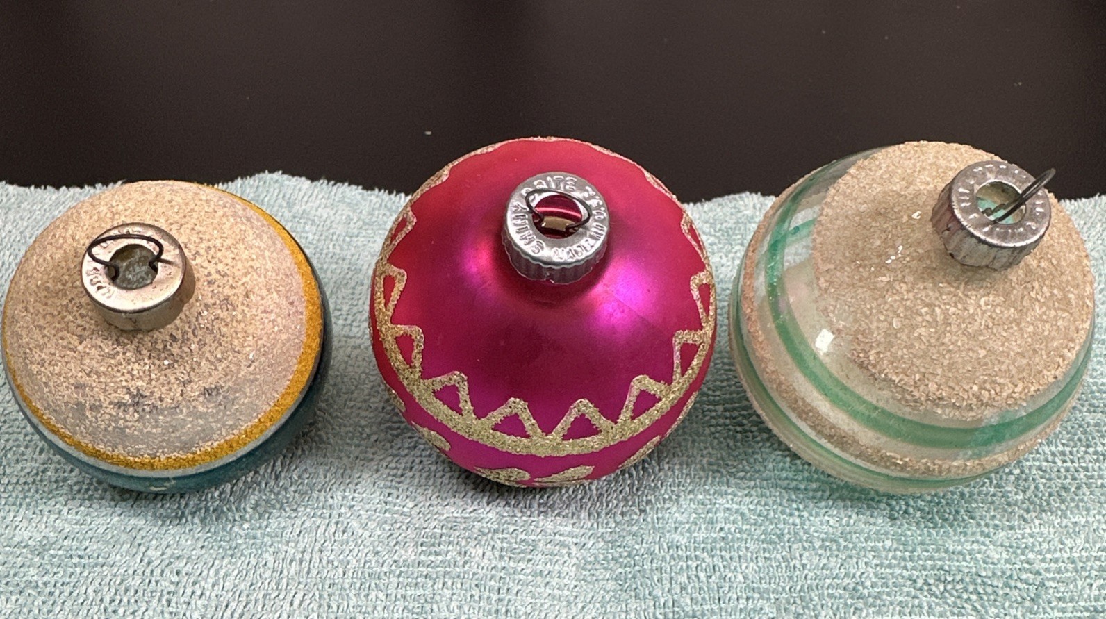 Lot 3 Shiny Brite Mica Glitter Stripe Mercury Glass Christmas Ornaments Stencil