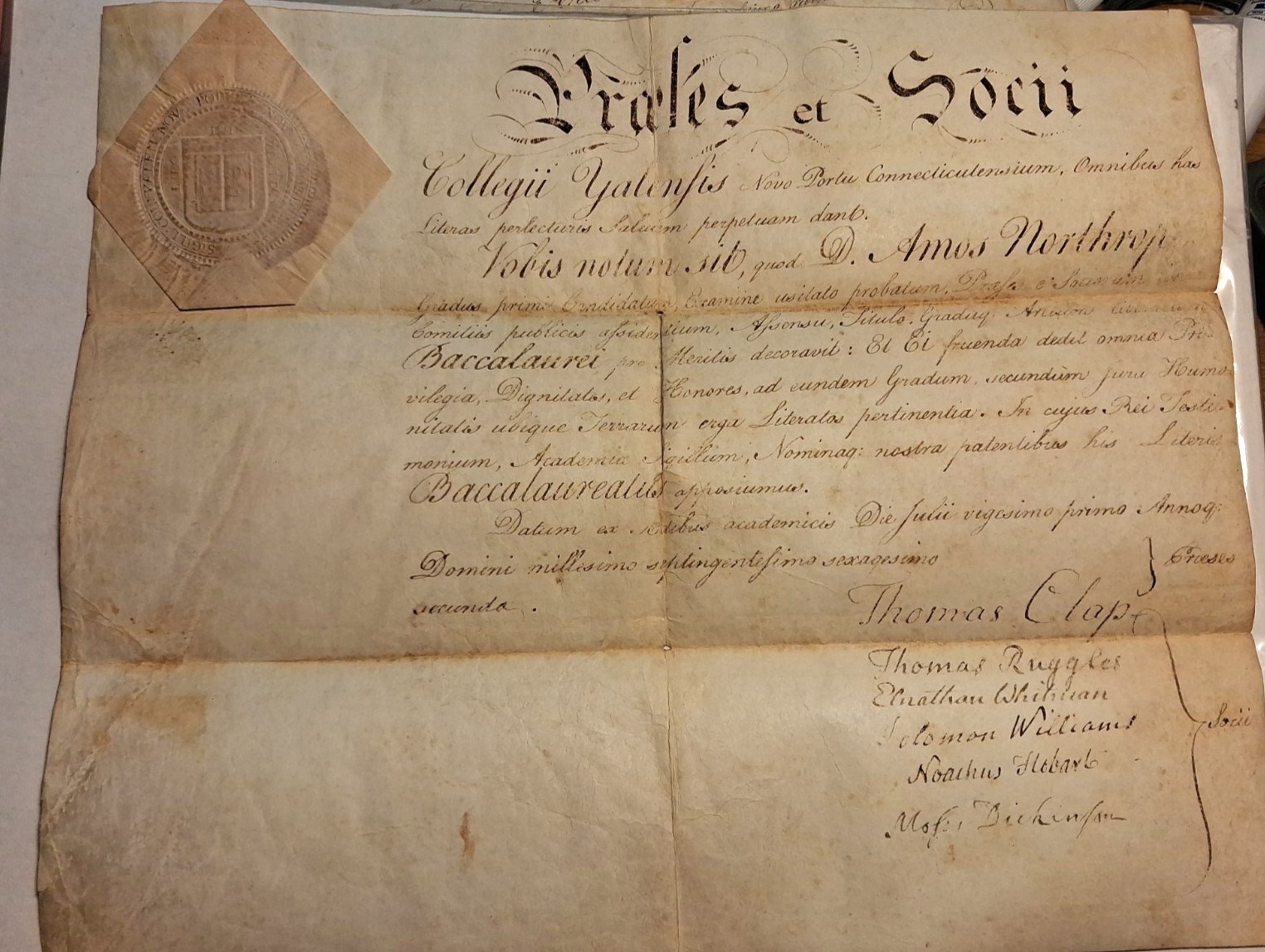 1762 Yale College Diploma Amos Northrop Signed by Yale President Thomas Clap +5