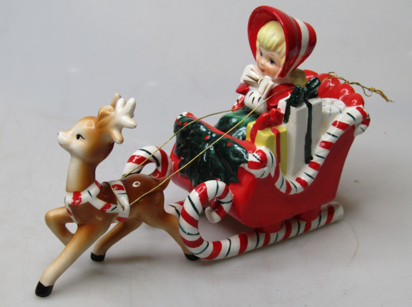 VTG Ceramic Lefton Candy Cane Shopper Girl In Sleigh Reindeer Christmas Ornament VTG Ceramic Lefton Candy Cane Shopper Girl In Sleigh Reindeer Christmas Ornament