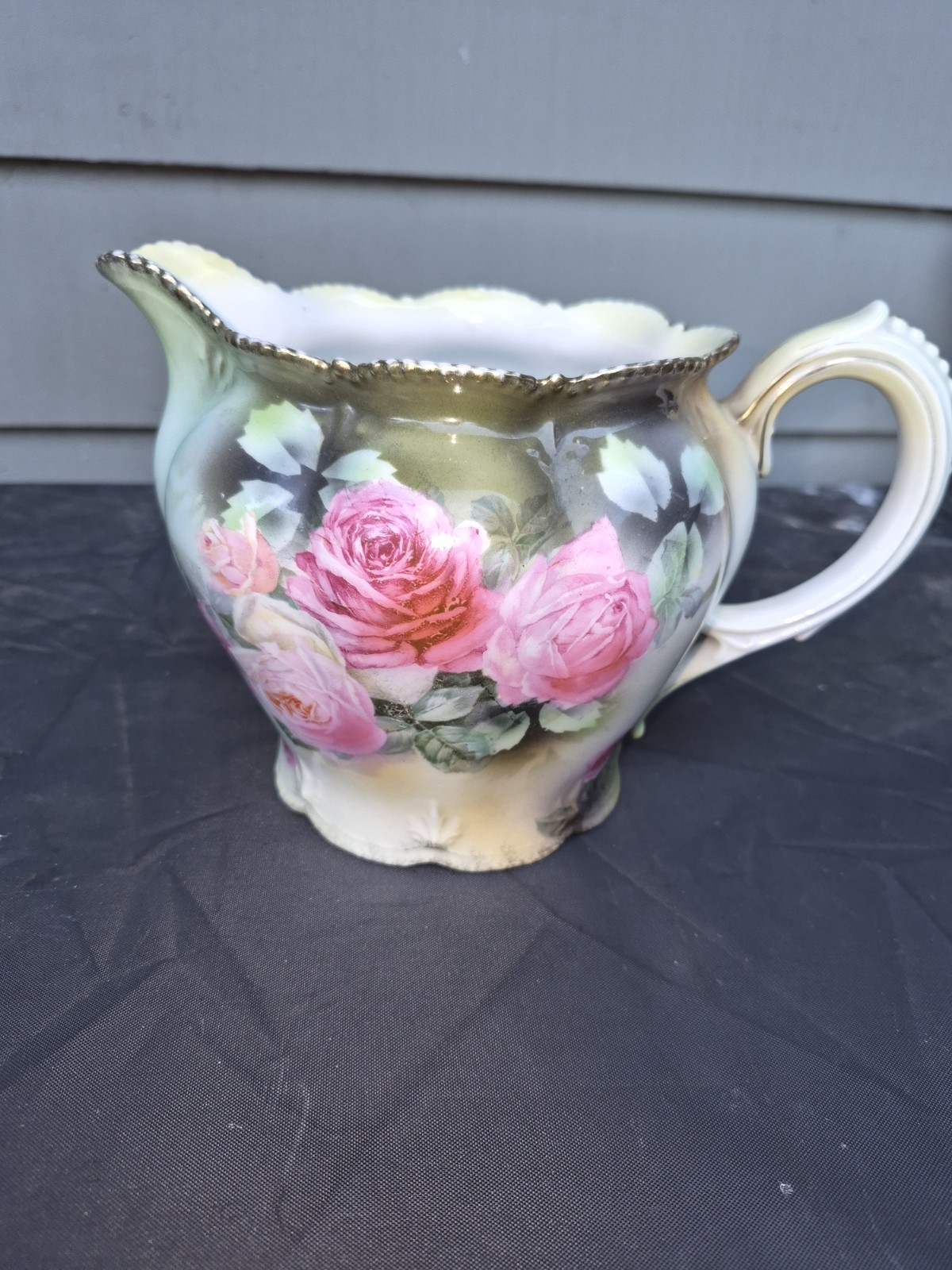 Antique R.S Prussia Porcelain Pitcher Pink Roses Gold And Molded Relief Red Mark
