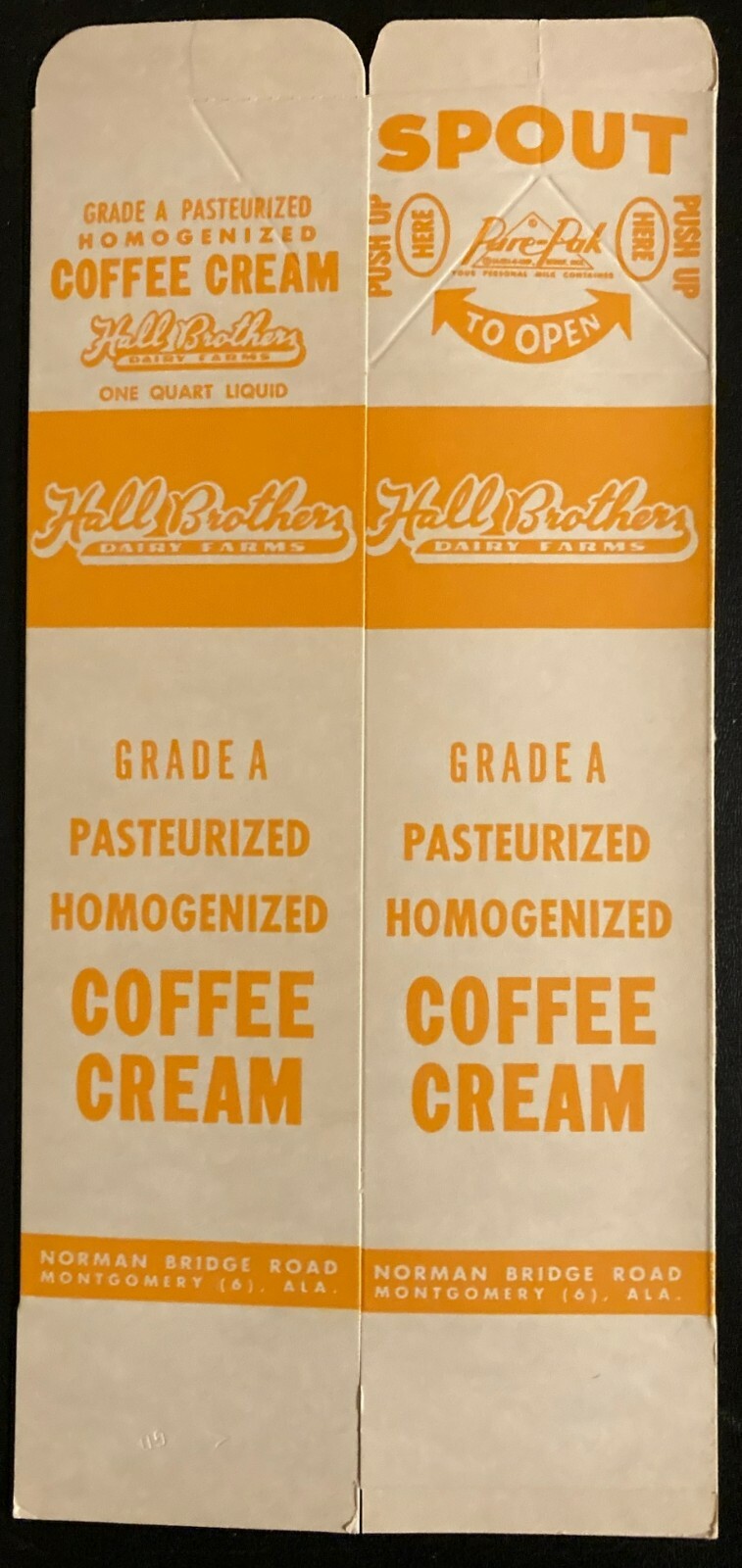 Vintage Halls Brothers One Quart Coffee Creamer Carton-Montgomery, ALA. 