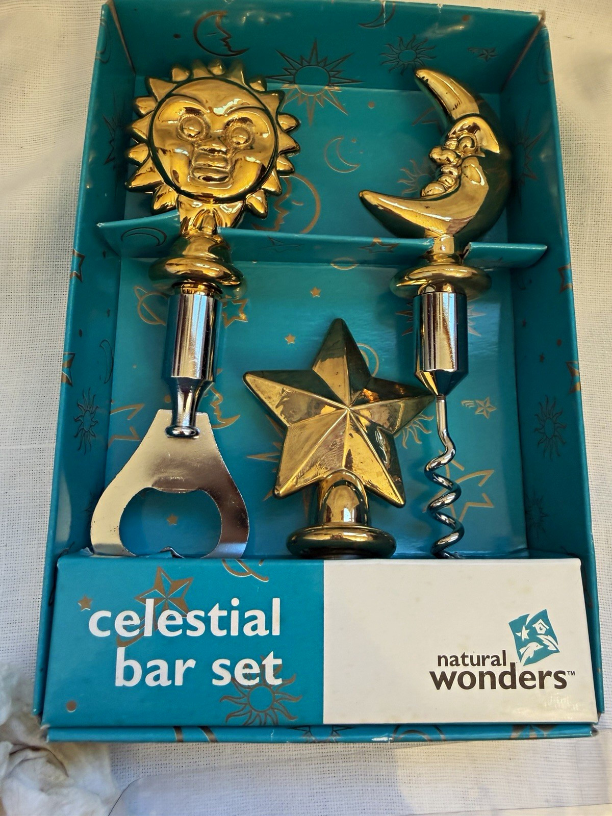 Vintage Natural Wonders Celestial 3pc Boxed Metal Bar Set Gold Star, Moon & Sun Vintage Natural Wonders Celestial 3pc Boxed Metal Bar Set Gold Star, Moon & Sun