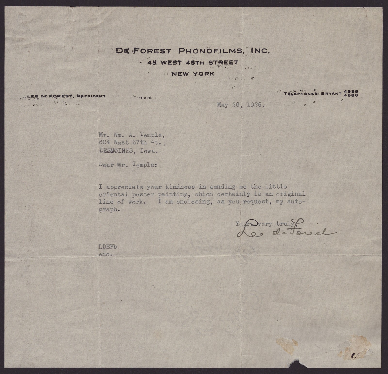 LEE DE FOREST - TYPED LETTER SIGNED LEE DE FOREST - TYPED LETTER SIGNED