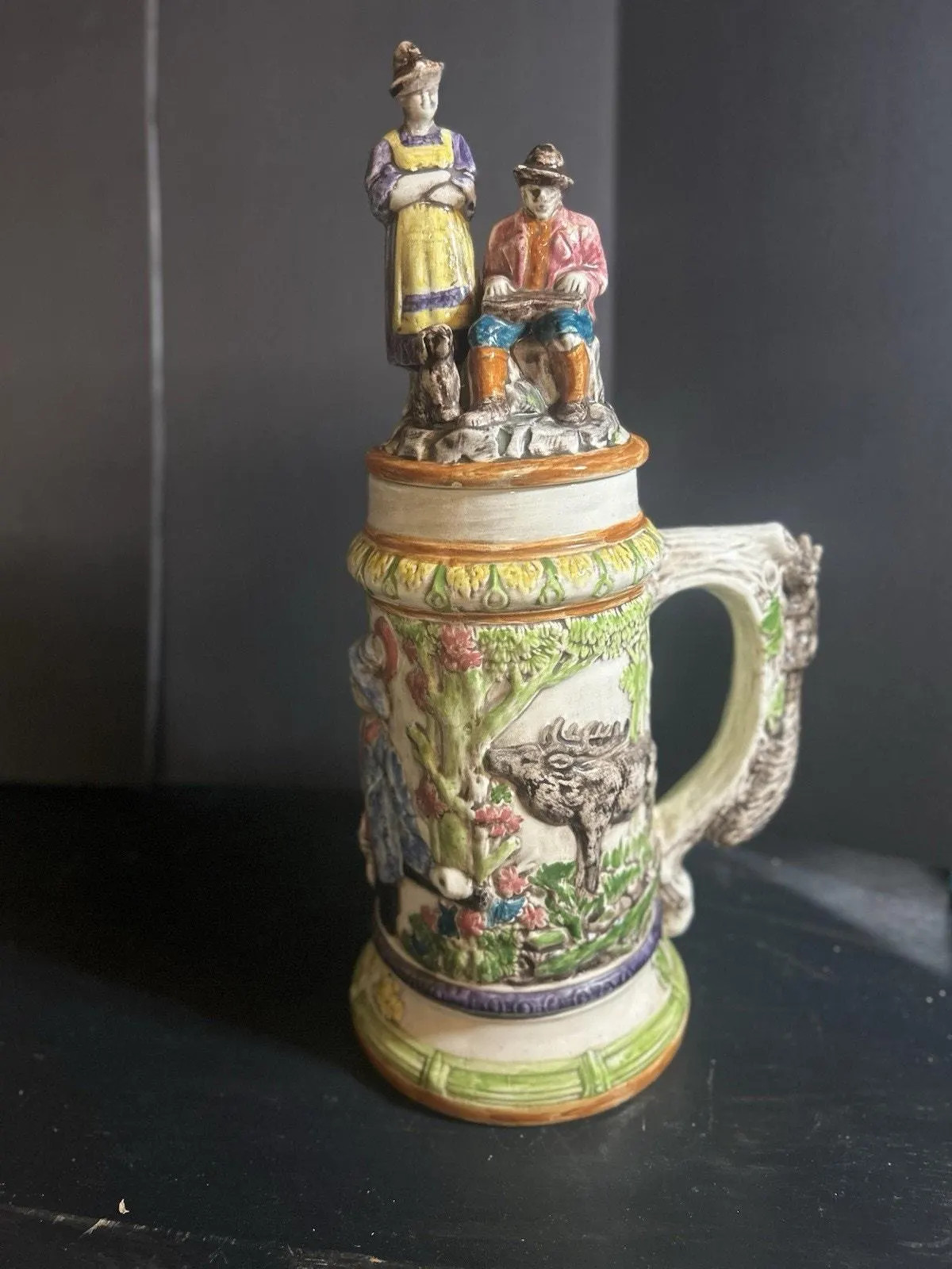 Vintage 1974 Hand-Painted Ceramic Beer Stein, Folk Art Tankard