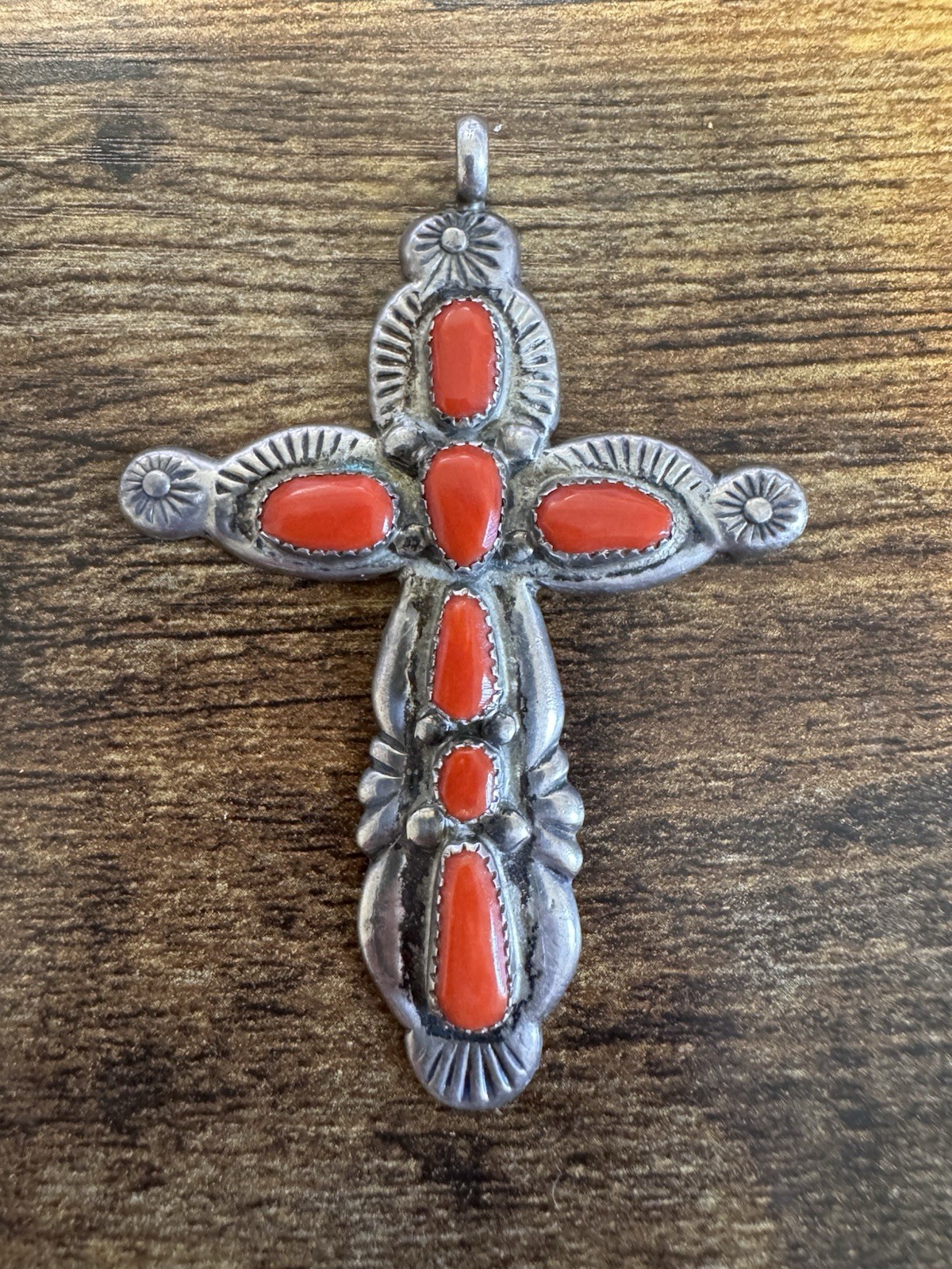 Zuni Coral Cross Sterling Silver Pendant - Signed Horace Iule - 3”- Vintage Zuni Coral Cross Sterling Silver Pendant - Signed Horace Iule - 3”- Vintage