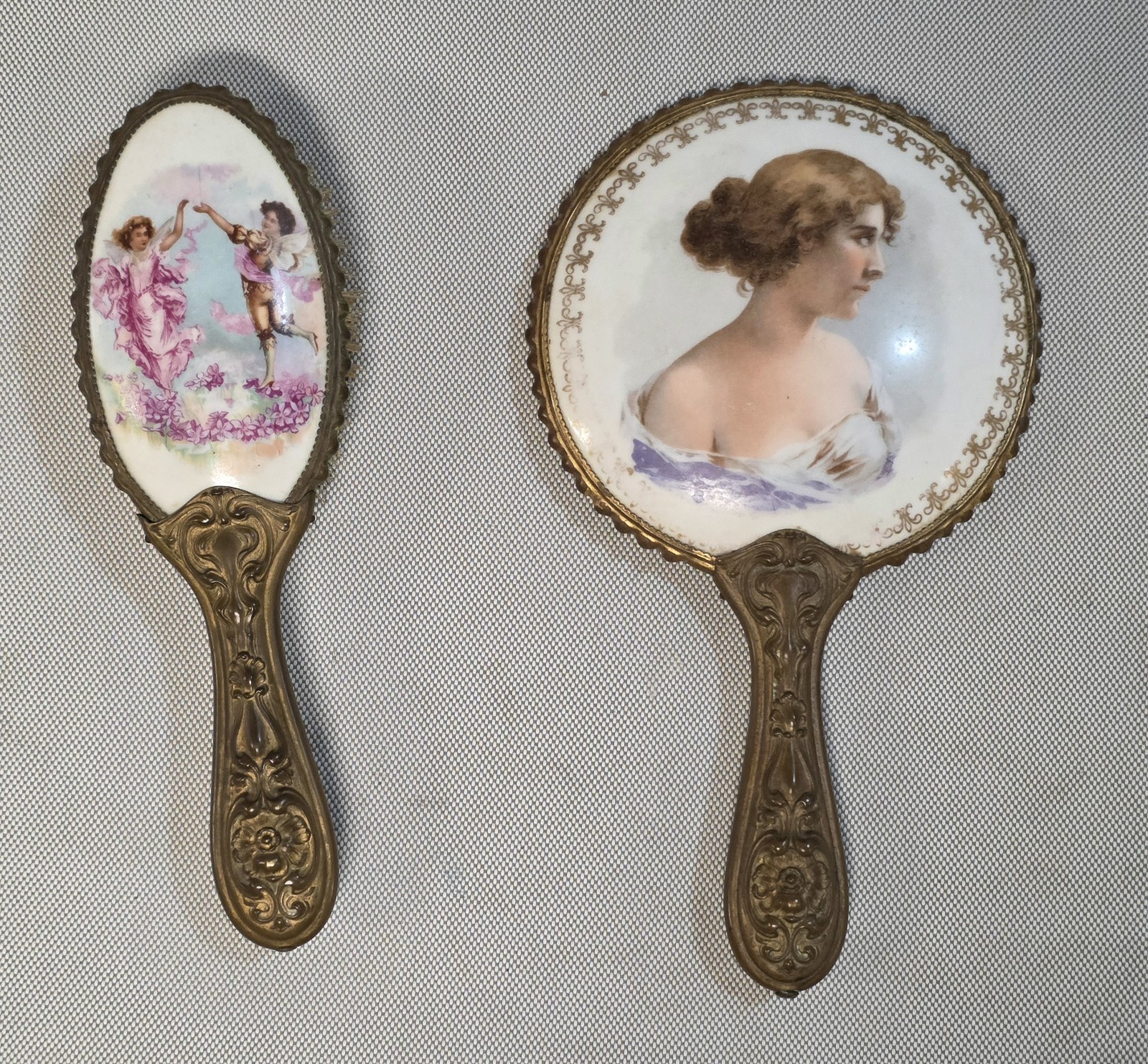 Antique Victorian Brass Vanity Set Hand Mirror & Hair Brush Porcelain Portrait Antique Victorian Brass Vanity Set Hand Mirror & Hair Brush Porcelain Portrait