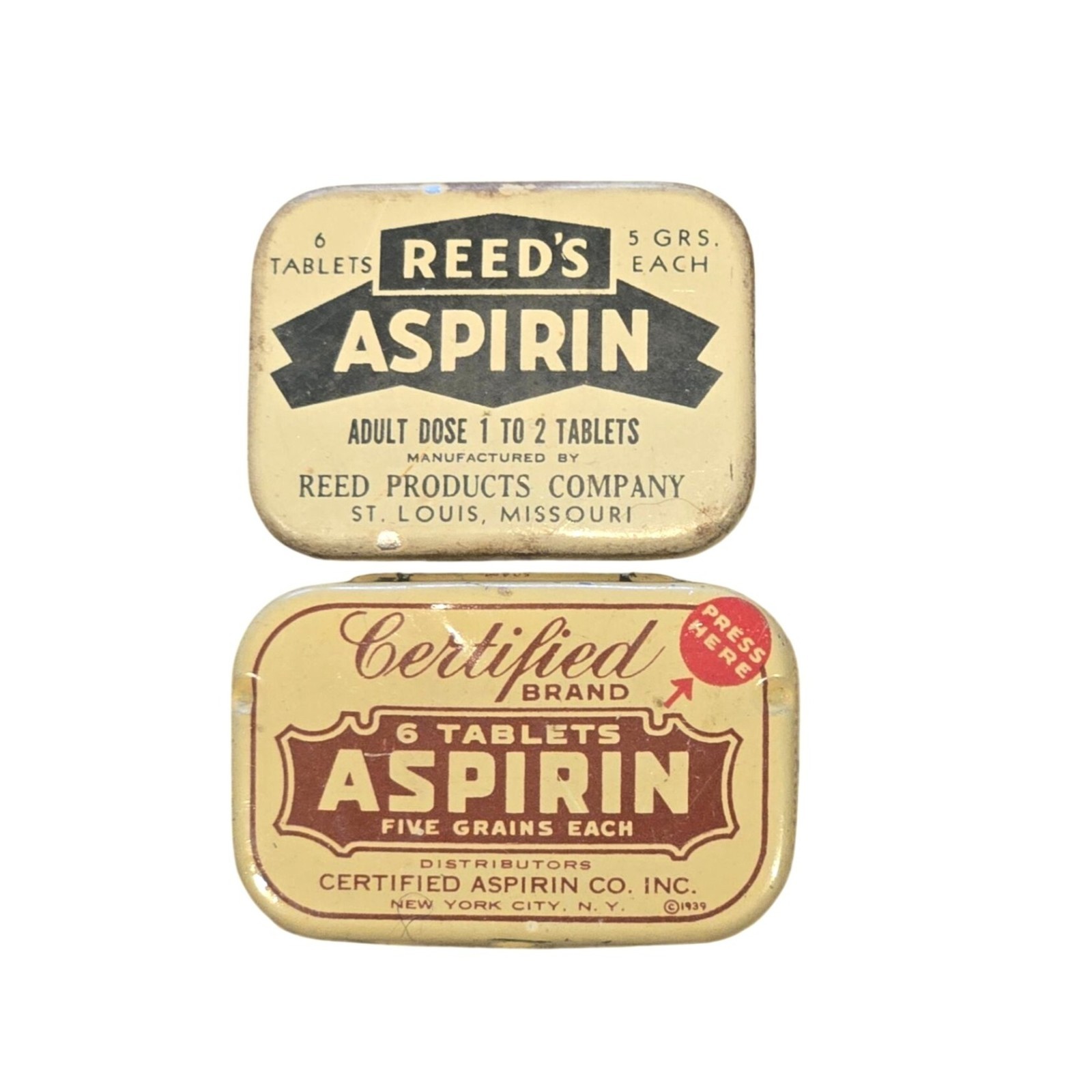 Vintage Medical Aspirin Tin 1939 Certified Press Here & Reed’s Products Co. Vintage Medical Aspirin Tin 1939 Certified Press Here & Reed’s Products Co.