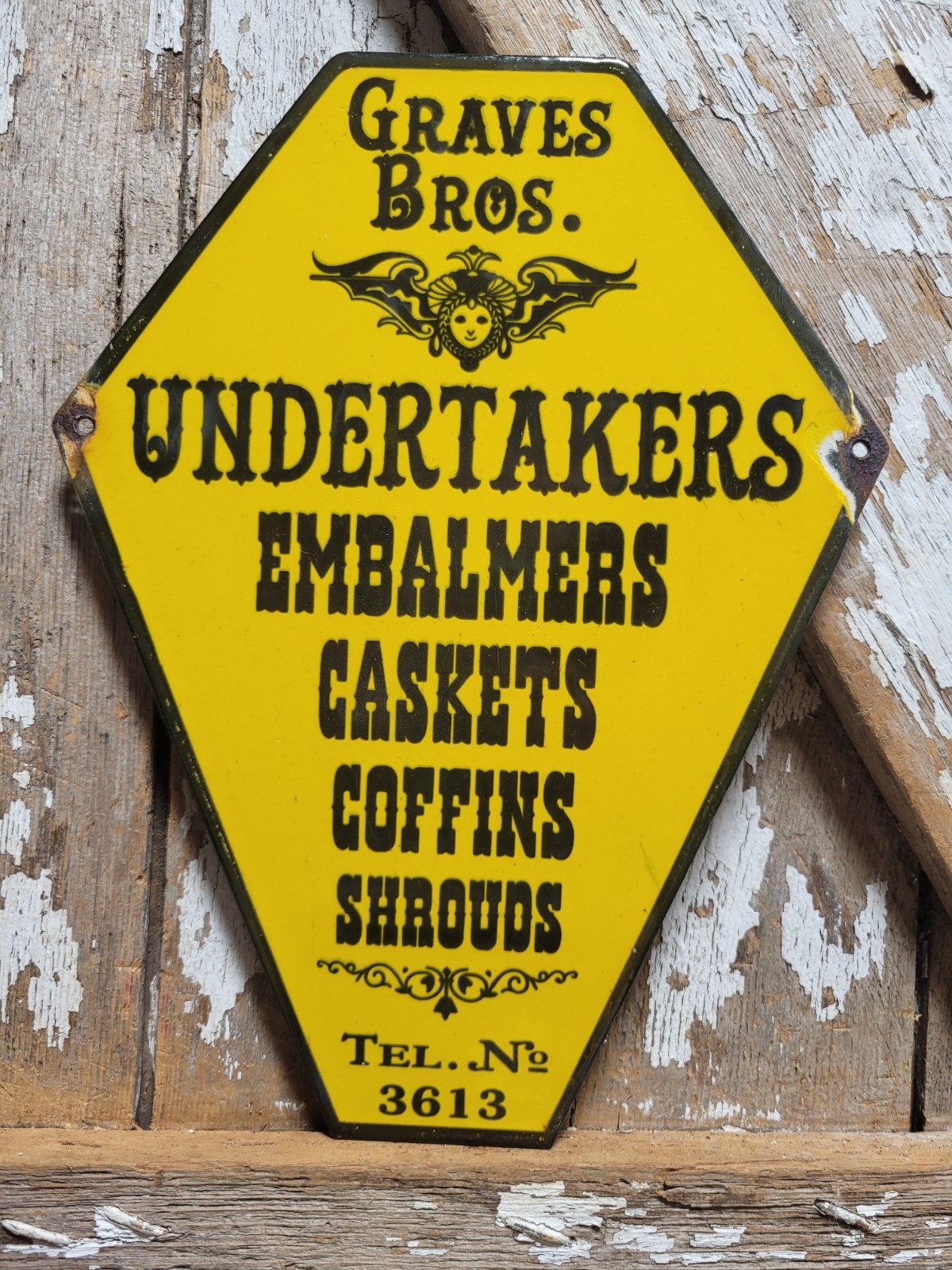 VINTAGE GRAVES BROS PORCELAIN SIGN OLD FUNERAL CASKET EMBALMING COFFINS DEATH VINTAGE GRAVES BROS PORCELAIN SIGN OLD FUNERAL CASKET EMBALMING COFFINS DEATH