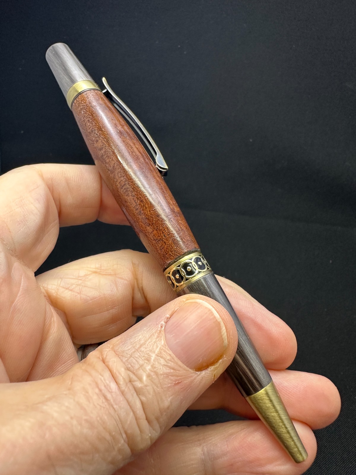 Figured Sapele Wood Twist Pen Antique Pewter Brass Accents Handmade Gift Boxed Figured Sapele Wood Twist Pen Antique Pewter Brass Accents Handmade Gift Boxed