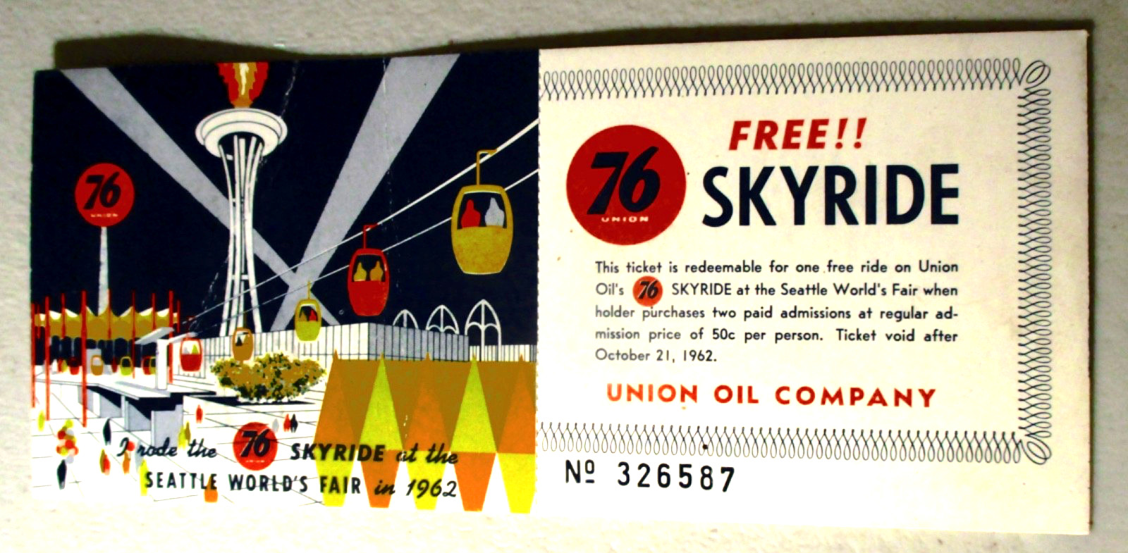 VERY SCARCE 1962 SEATTLE WORLD'S FAIR UNUSED UNION 76 SKYRIDE TICKET VERY SCARCE 1962 SEATTLE WORLD'S FAIR UNUSED UNION 76 SKYRIDE TICKET