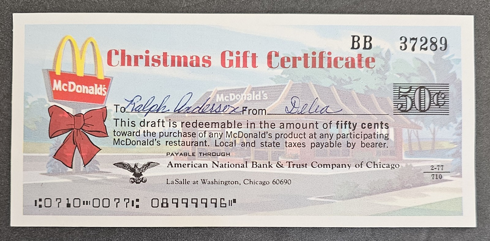 Vintage 1970's Mcdonalds Christmas 50 Cent Gift Certificate RARE RED BOW edition
