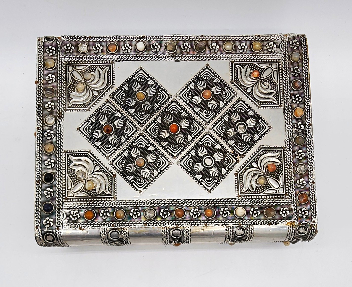 Vintage Silver Tone Jeweled Jewelry Box Cantilever Trays Mirror Indian Style Vintage Silver Tone Jeweled Jewelry Box Cantilever Trays Mirror Indian Style