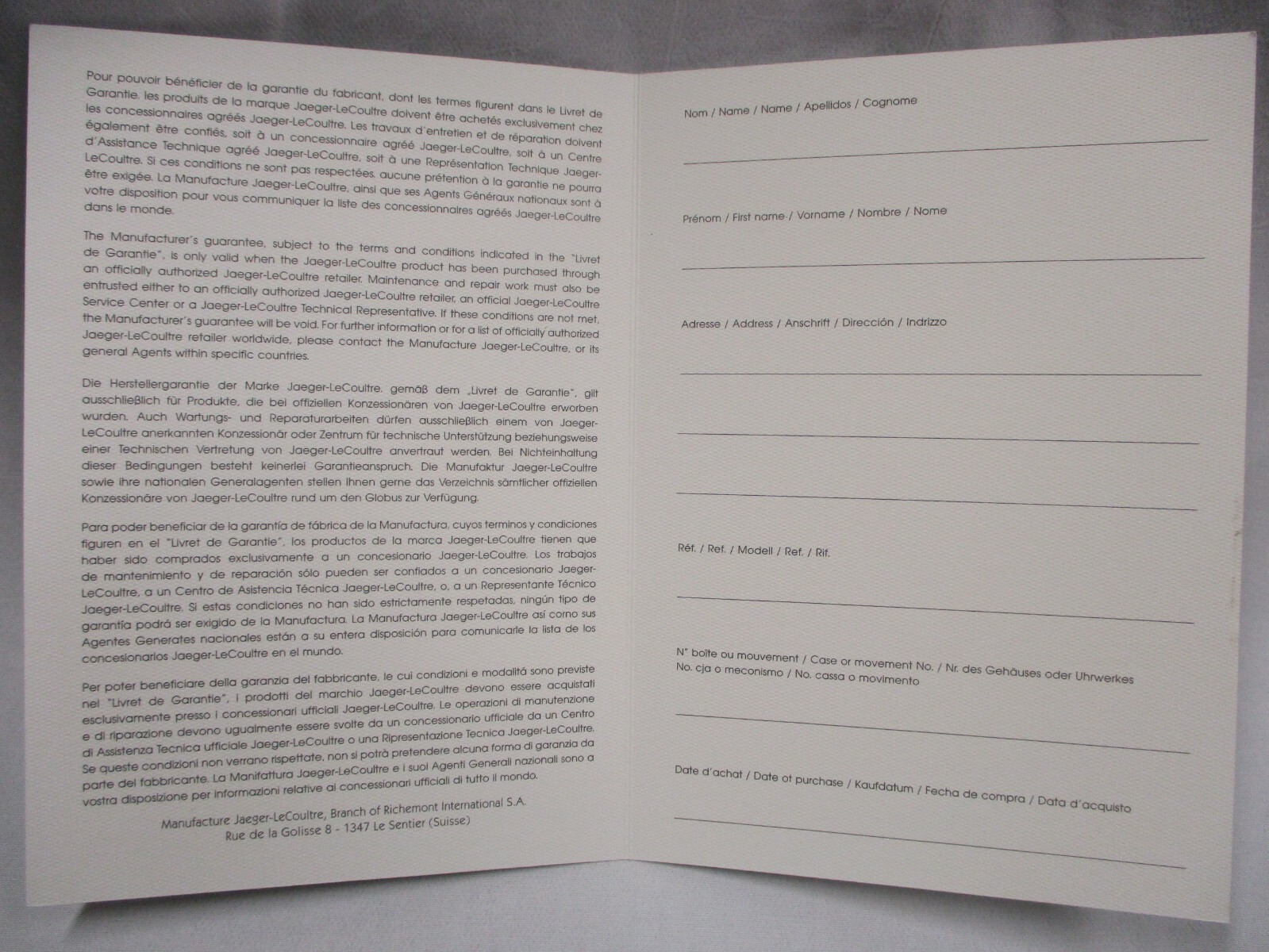 Rare Jaeger-leCoultre Certificat de Garantie Guarantee Certificate Open/Blank Rare Jaeger-leCoultre Certificat de Garantie Guarantee Certificate Open/Blank