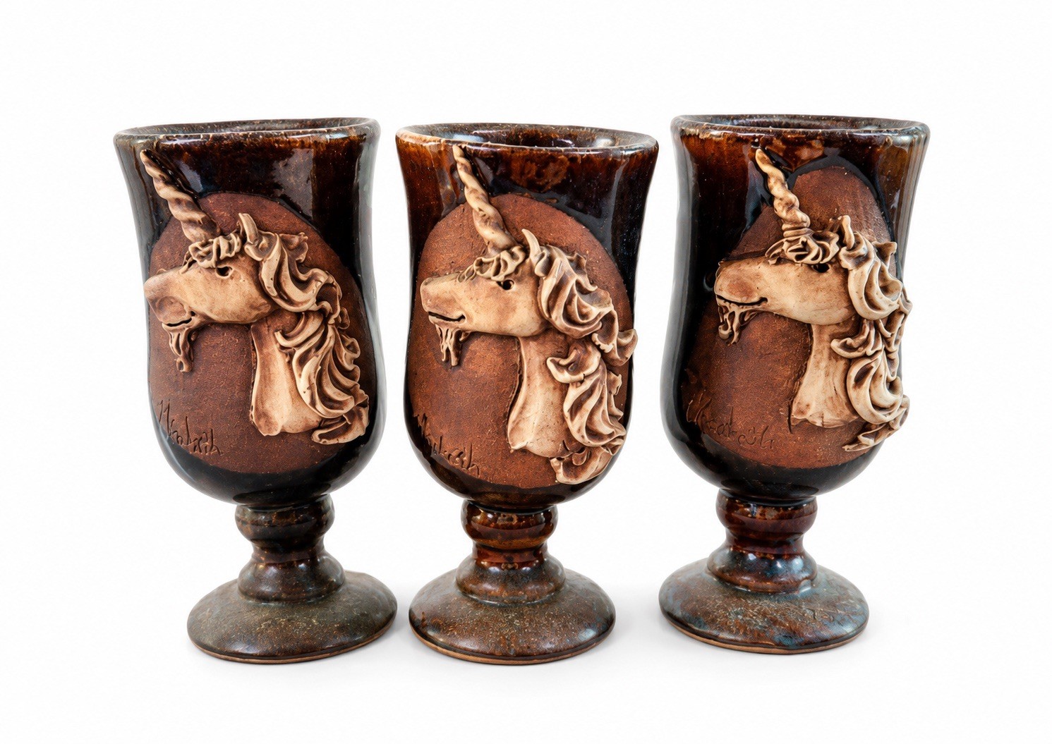 3 Vintage Studio Pottery Unicorn Whimsical Goblet Cups Folk Art Signed Elizabeth