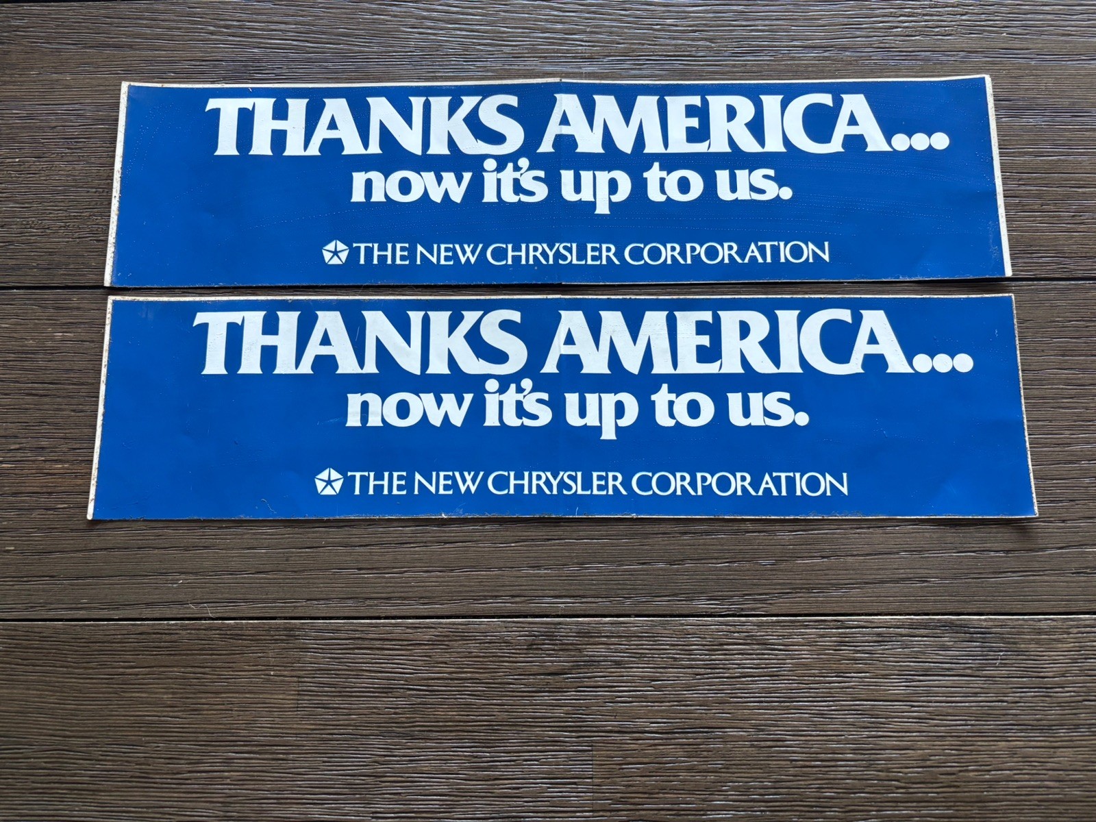 TWO  Vintage 1980's CHRYSLER CORP  "Thanks America"  BUMPER STICKERS   NOS