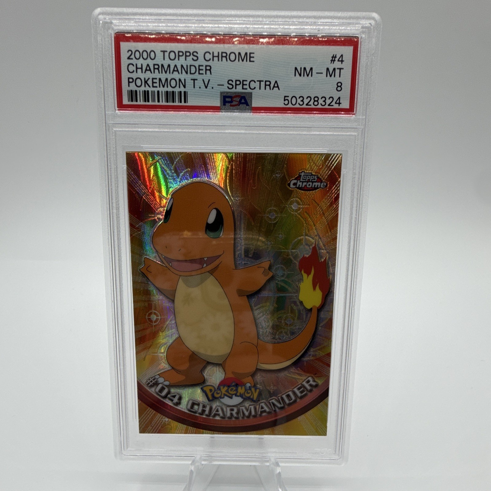 Topps Pokémon 2000 Chrome T.V. Spectra-Chrome Hologram #4 Charmander PSA 8 Topps Pokémon 2000 Chrome T.V. Spectra-Chrome Hologram #4 Charmander PSA 8