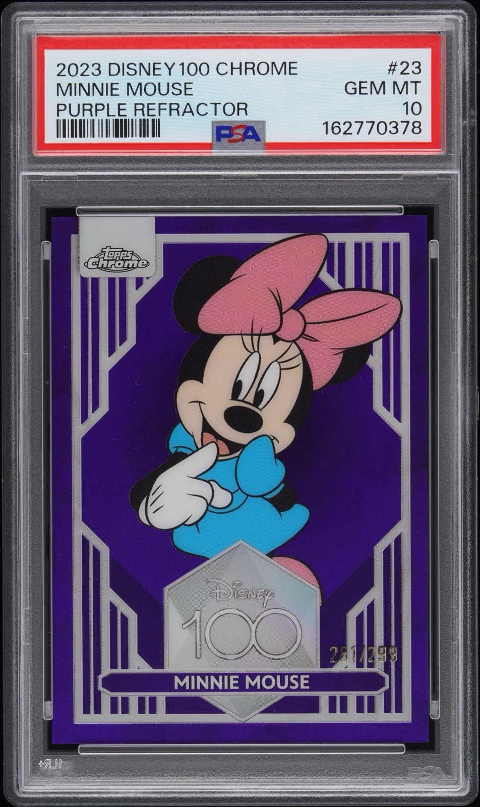 2023 Topps Chrome Disney 100 Minnie Mouse #281/299 PSA 10 Purple Refractor 25 2023 Topps Chrome Disney 100 Minnie Mouse #281/299 PSA 10 Purple Refractor 25