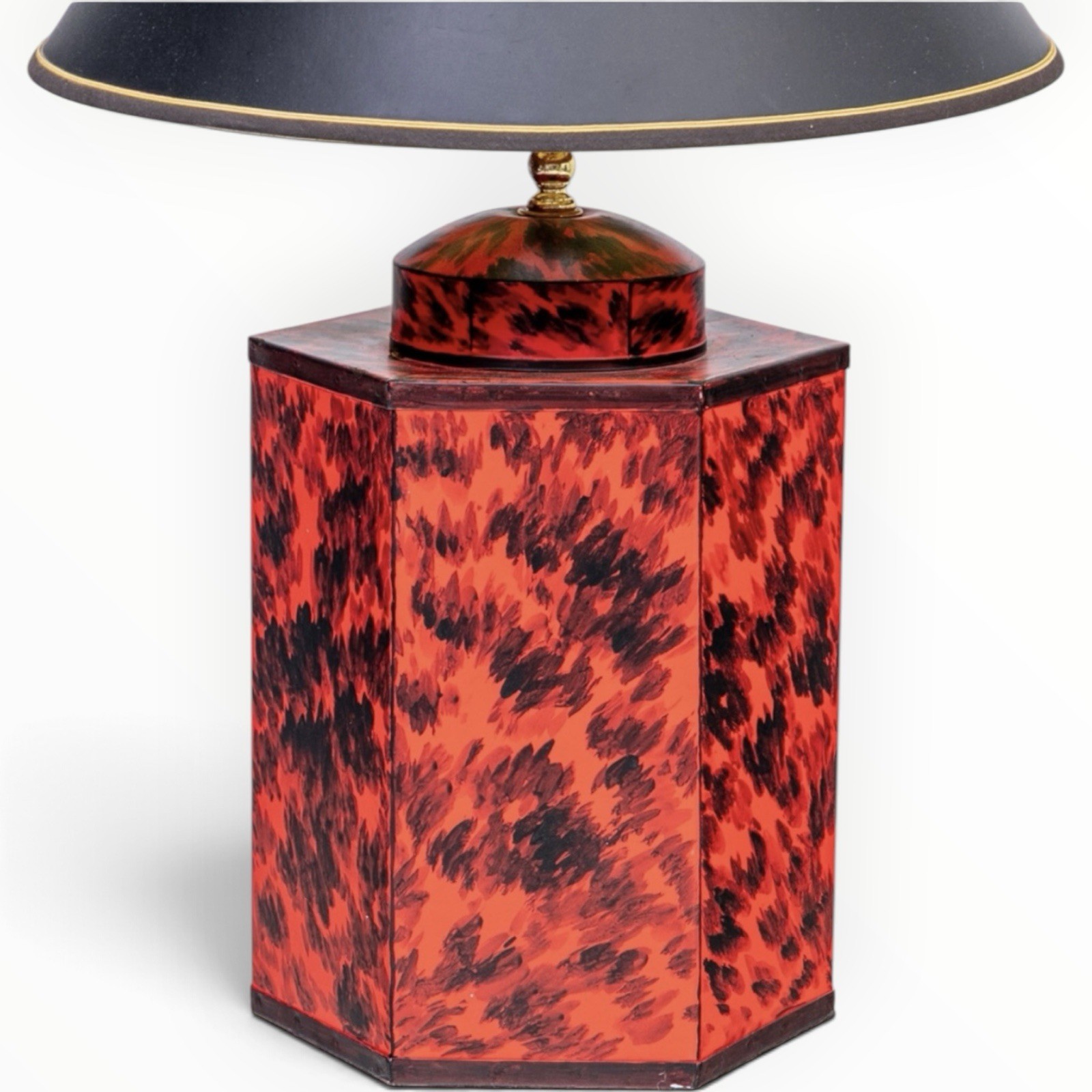 Vintage English Export Vermillion Hand Painted Red Faux Tortoise Tea Caddy Lamp Vintage English Export Vermillion Hand Painted Red Faux Tortoise Tea Caddy Lamp