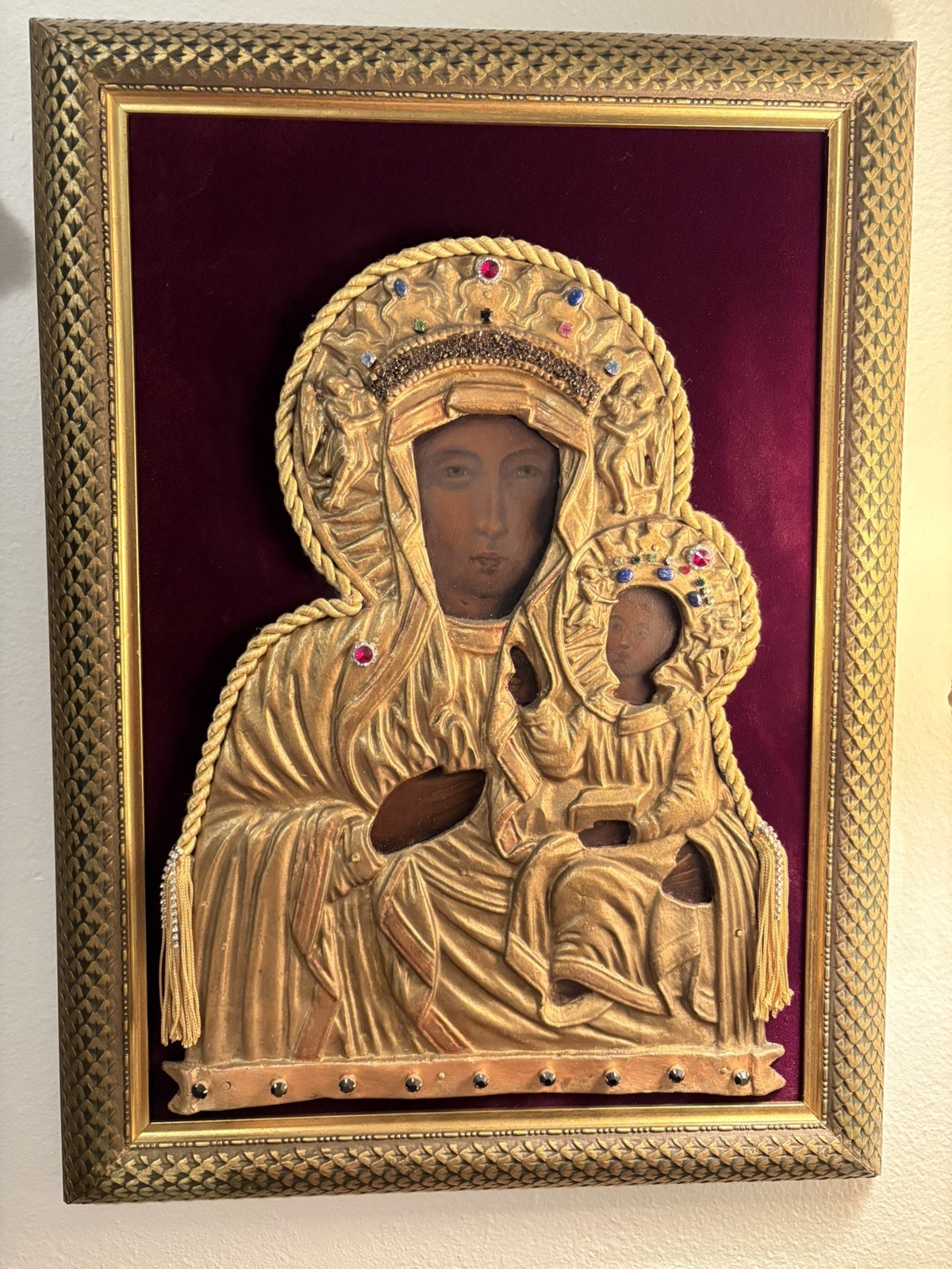 Antique late 19th C. Polish Oil on Panel Black Madonna of Czestochowa Icon