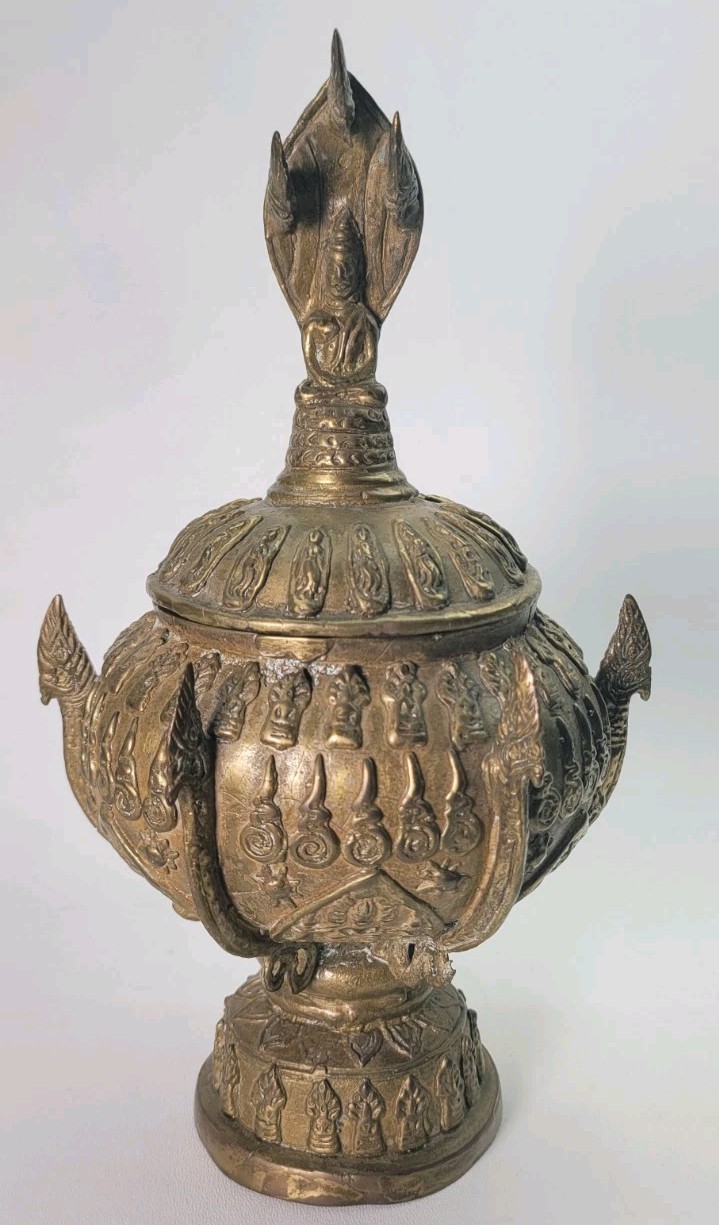 Antique Holy Water Naga Vessel Buddhist Ornate Brass Bronze Khan Nam Pot 11" 