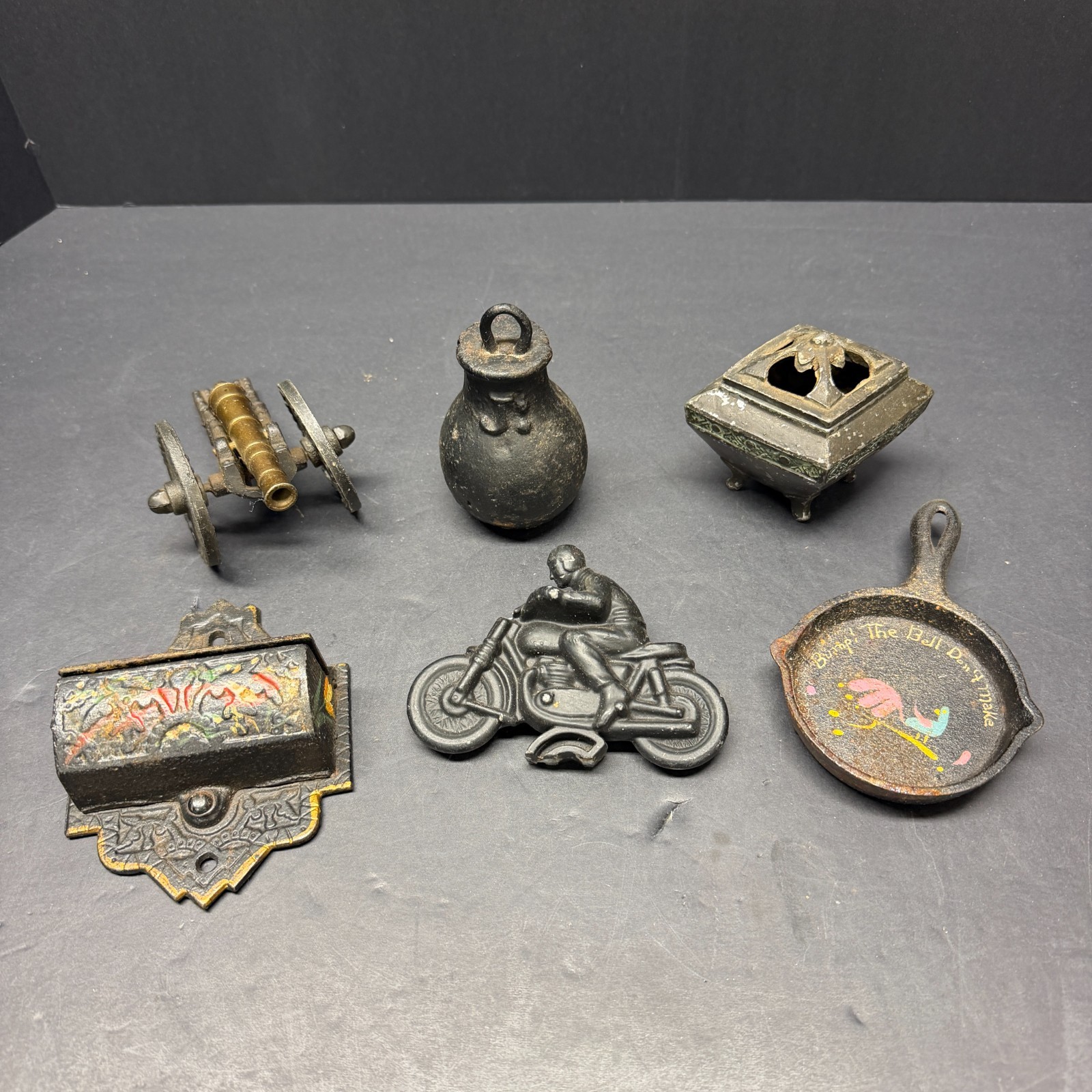 Vintage Cast Iron Miniatures Lot Cannon Match Holder Skillet Motorcycle Weight Vintage Cast Iron Miniatures Lot Cannon Match Holder Skillet Motorcycle Weight