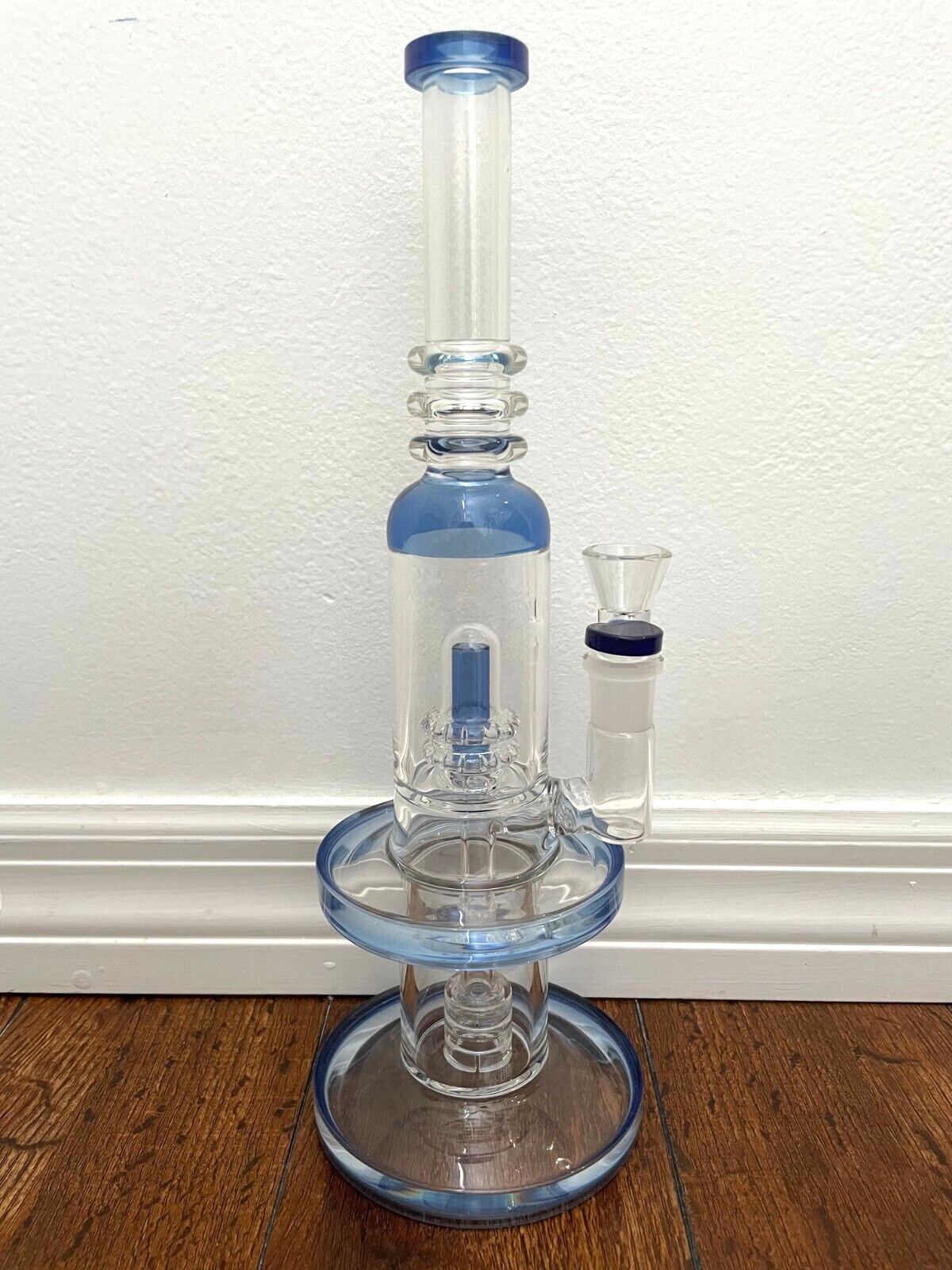 13.5” Premium Glass Water Pipe Two Tier Blue Shower Percs 18mm 13.5” Premium Glass Water Pipe Two Tier Blue Shower Percs 18mm