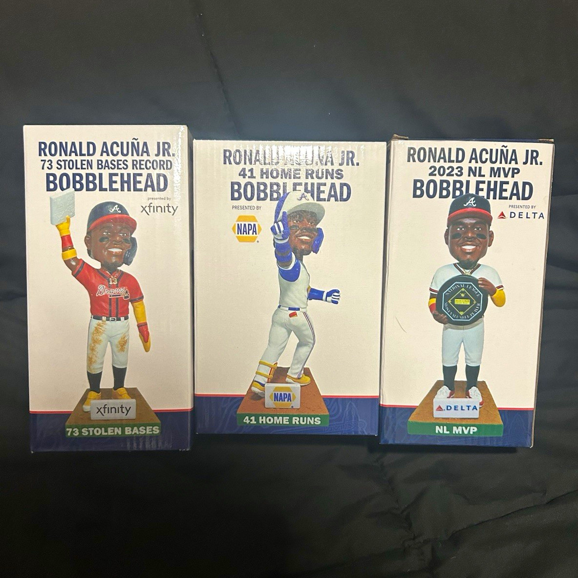 Ronald Acuña Jr. Bobblehead Lot of 3 w/ Boxes, 2023 NL MVP 73 SB, 41 HR Ronald Acuña Jr. Bobblehead Lot of 3 w/ Boxes, 2023 NL MVP 73 SB, 41 HR