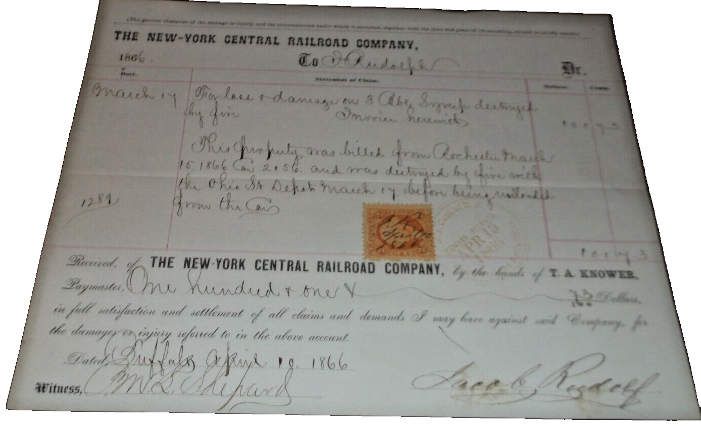 MARCH 1866 NYC NEW YORK CENTRAL RAILROAD FREIGHT CLAIM BUFFALO OHIO ST. NEW YORK