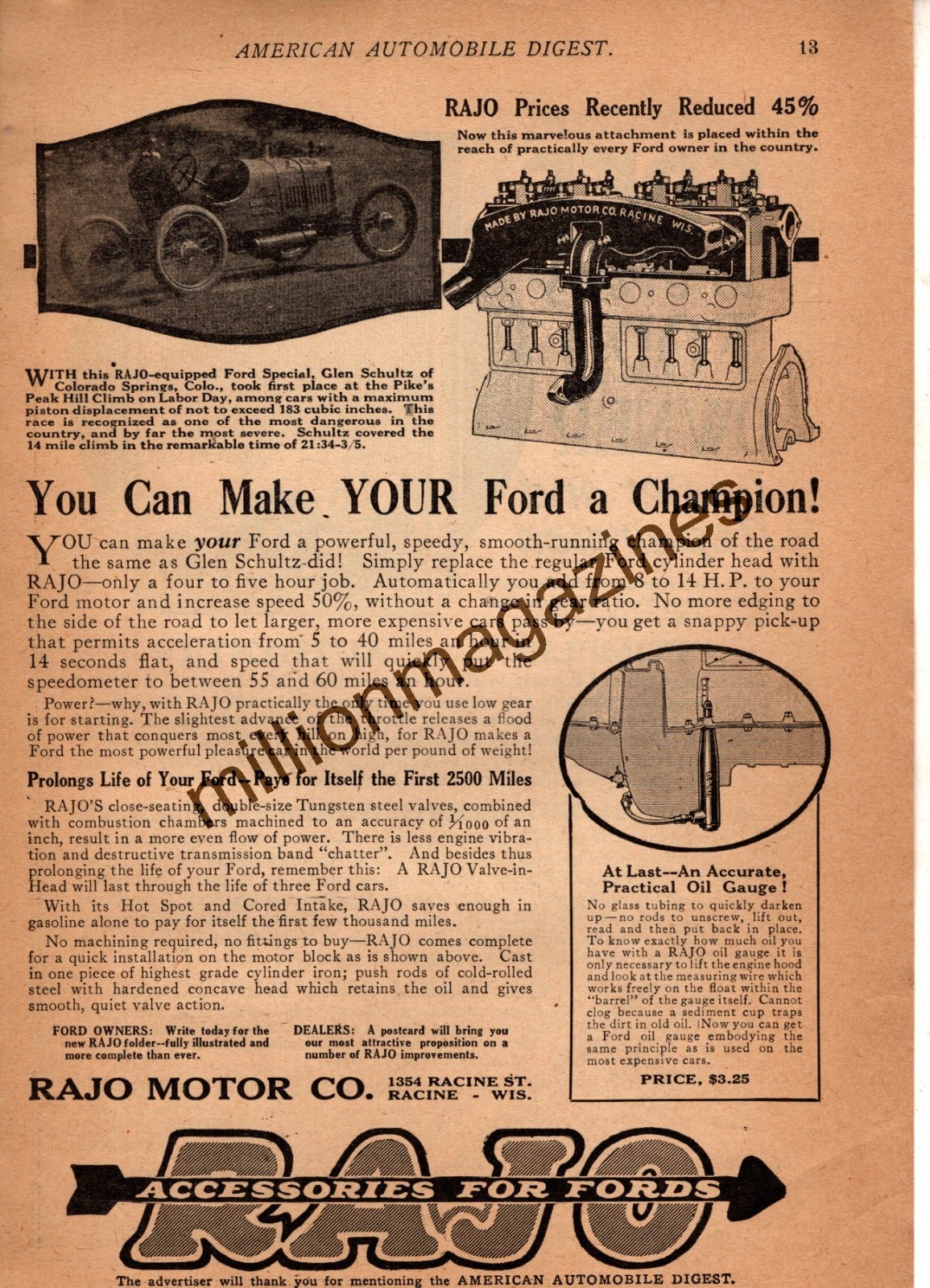 1922 Ford Model T Original ad for Rajo Model Engine Cylinder head - Racine WI 1922 Ford Model T Original ad for Rajo Model Engine Cylinder head - Racine WI