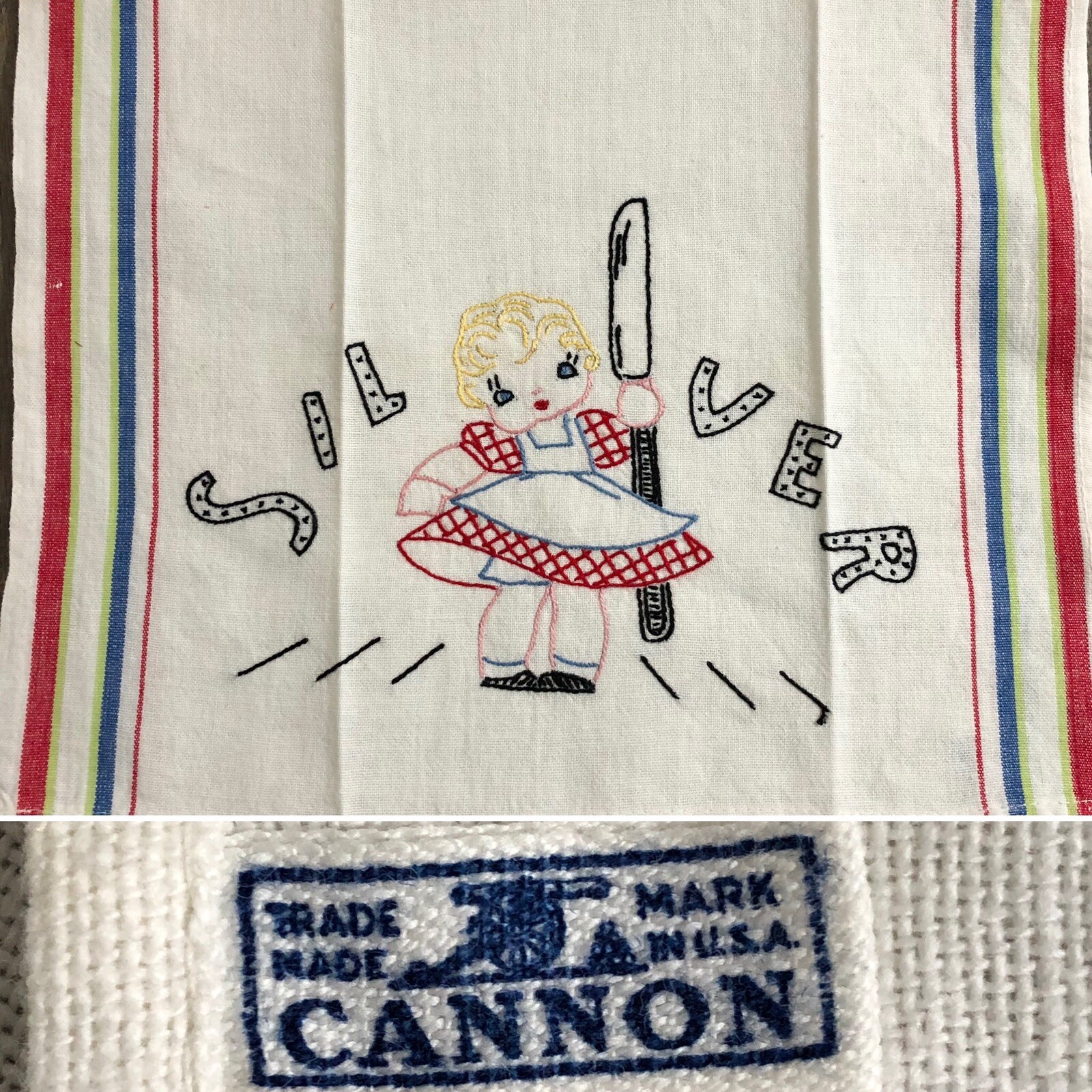 Vintage CANNON Hand Embroidered Kitchen Dish Tea Towel Silver Girl