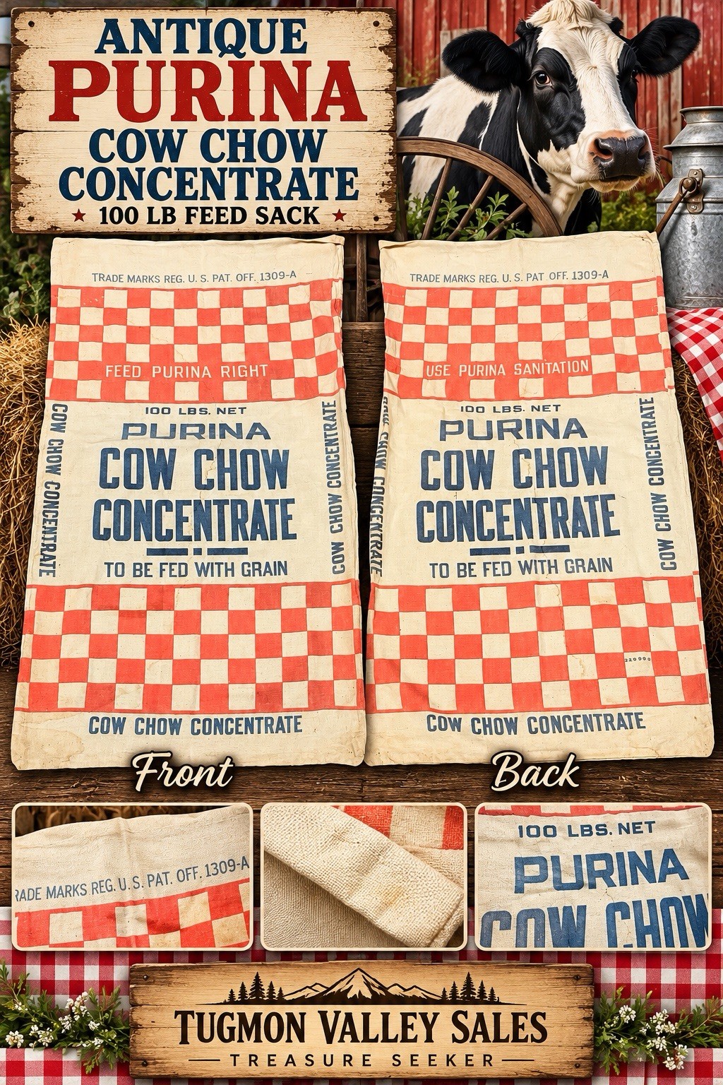 Antique Purina Cow Chow Feed Sack 100 LB Checkerboard Farm Advertising 20x37 Antique Purina Cow Chow Feed Sack 100 LB Checkerboard Farm Advertising 20x37