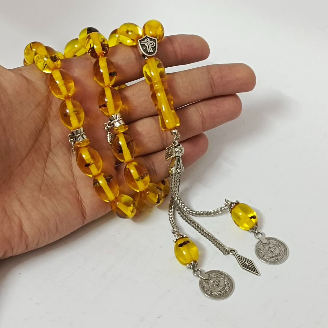 Rare amber-style misbaha Islamic prayer beads with insect inclusions collectible Rare amber-style misbaha Islamic prayer beads with insect inclusions collectible