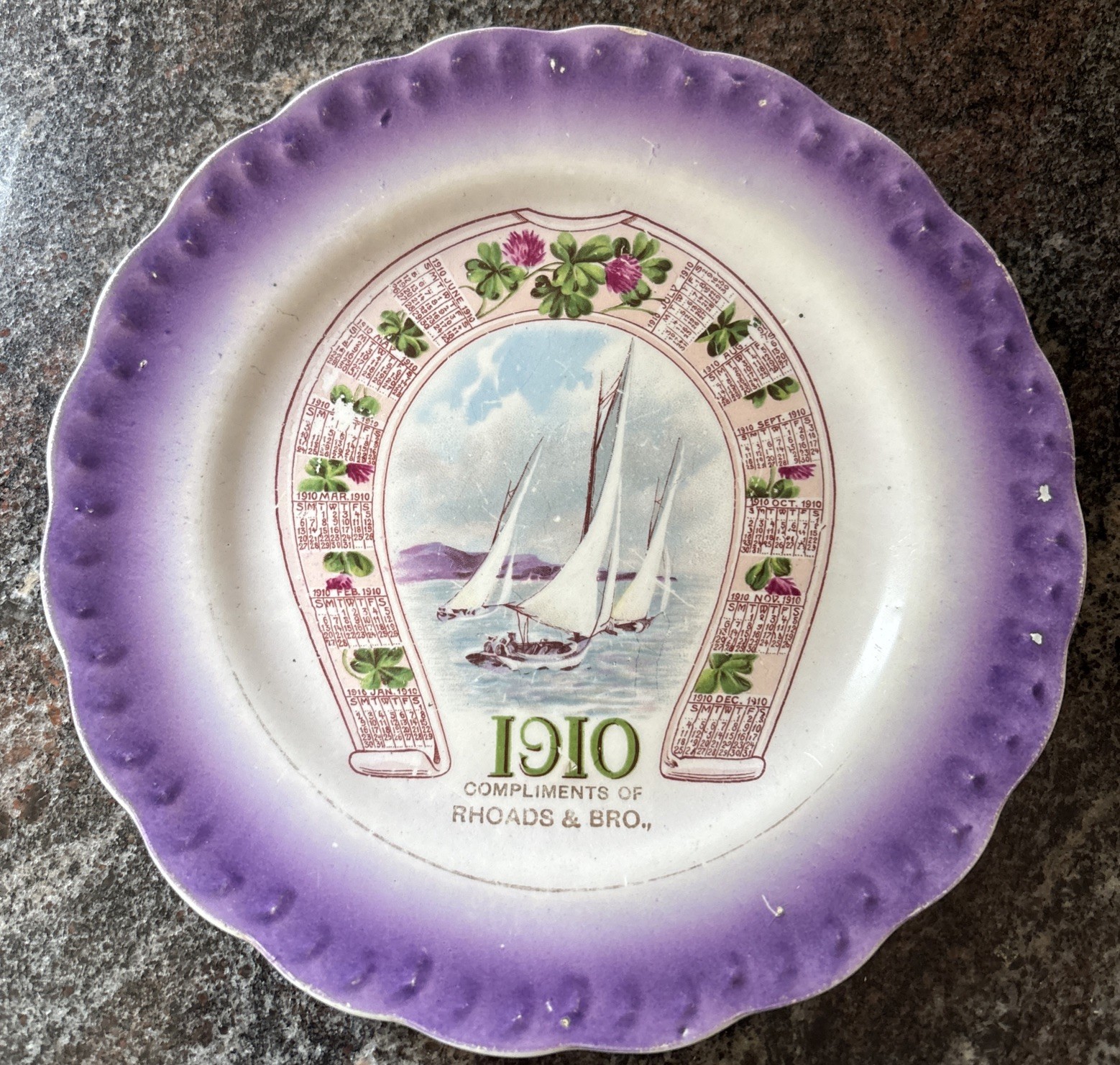 Vintage 1910 Calendar Plate Rhoads & Bro. Carnation McNicol Purple Horseshoe PA Vintage 1910 Calendar Plate Rhoads & Bro. Carnation McNicol Purple Horseshoe PA