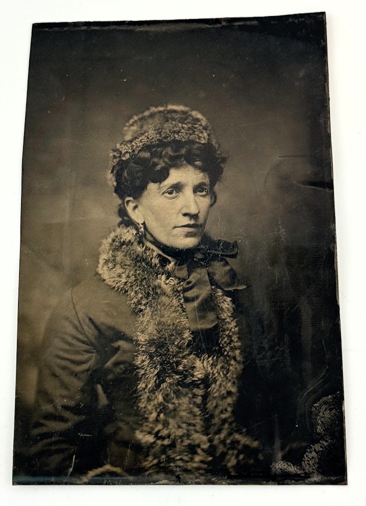 Antique Tintype Photo Elegant Victorian Woman Fur Collar Muff Hat Portrait Stern Antique Tintype Photo Elegant Victorian Woman Fur Collar Muff Hat Portrait Stern